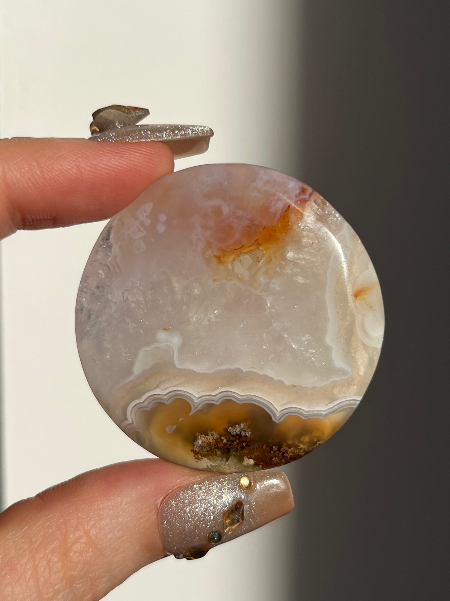 Orbicular Carnelian Nebula Agate and Scenic Moss Medallion Carving I (with Parallax Effect)