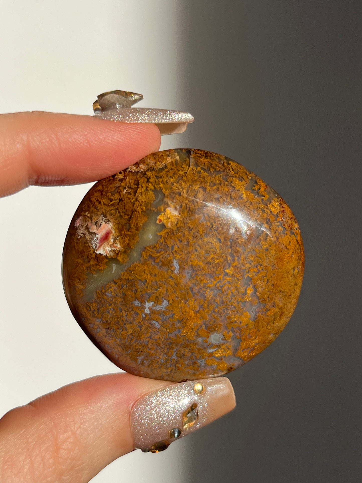 Nebula Agate and Multicoloured Scenic Moss Medallion Carving J