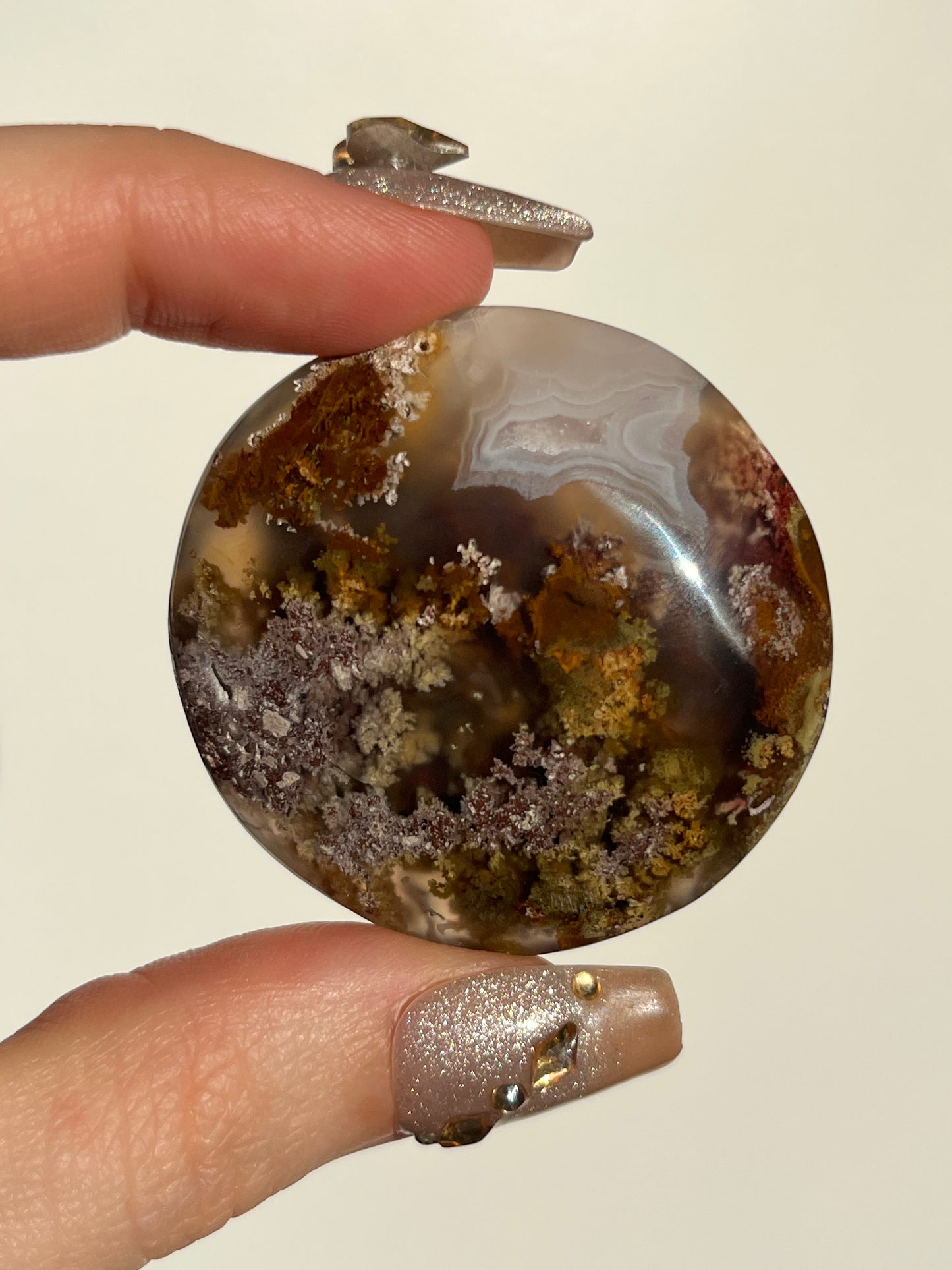 Nebula Agate and Multicoloured Scenic Moss Medallion Carving N