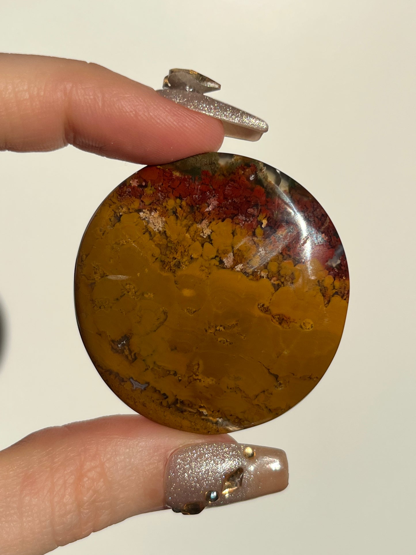 Nebula Agate and Red-Yellow Scenic Moss Medallion Carving O