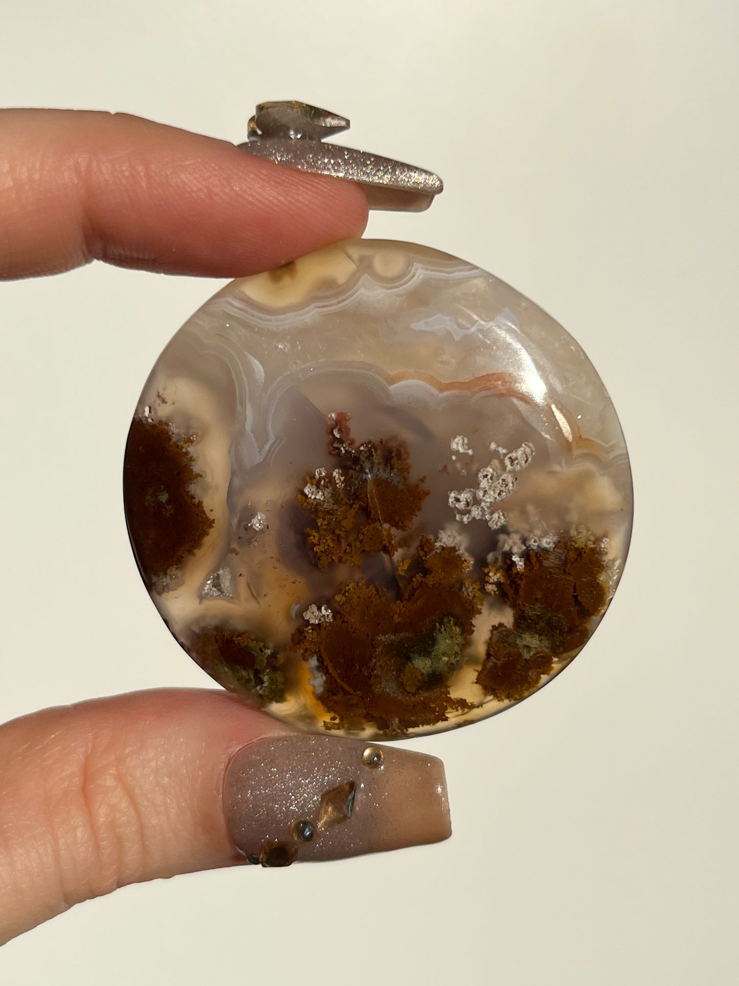 Orbicular Nebula Agate and Multicoloured Scenic Moss Medallion Carving P (with Parallax Effect)