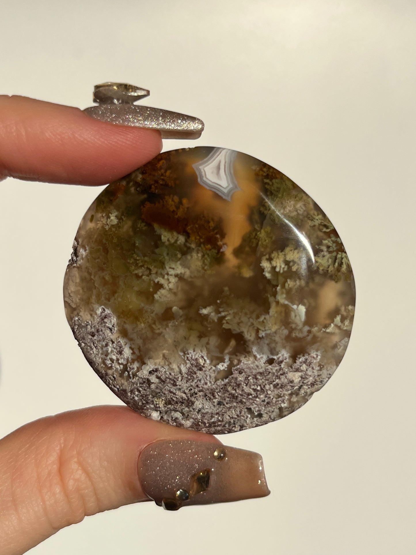 Nebula Agate and Multicoloured Scenic Moss Medallion Carving S