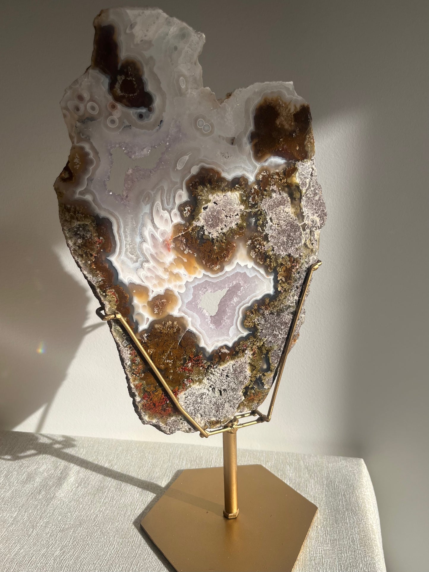 ‘Lunara’ Orbicular Nebula Agate, Scenic Moss and Amethyst Portal with Dendritic Inclusions on Rotating Custom Gold Stand