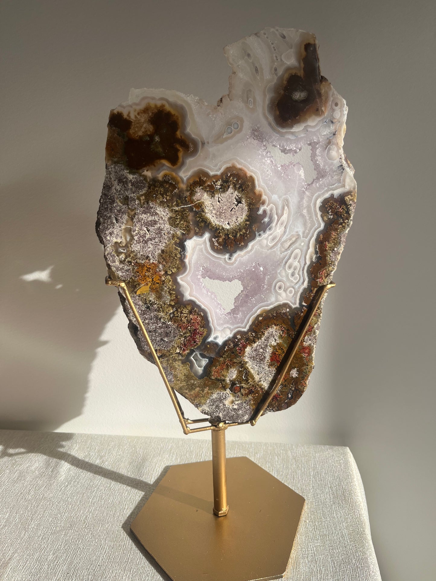 ‘Lunara’ Orbicular Nebula Agate, Scenic Moss and Amethyst Portal with Dendritic Inclusions on Rotating Custom Gold Stand