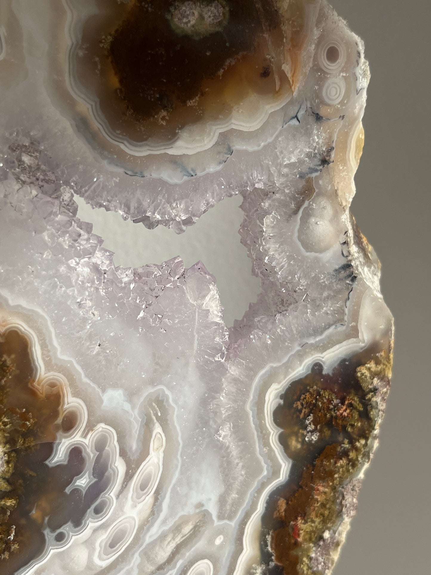 ‘Lunara’ Orbicular Nebula Agate, Scenic Moss and Amethyst Portal with Dendritic Inclusions on Rotating Custom Gold Stand