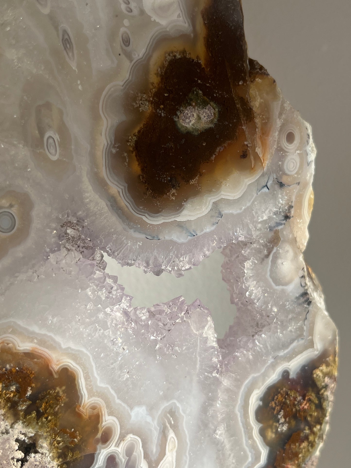 ‘Lunara’ Orbicular Nebula Agate, Scenic Moss and Amethyst Portal with Dendritic Inclusions on Rotating Custom Gold Stand