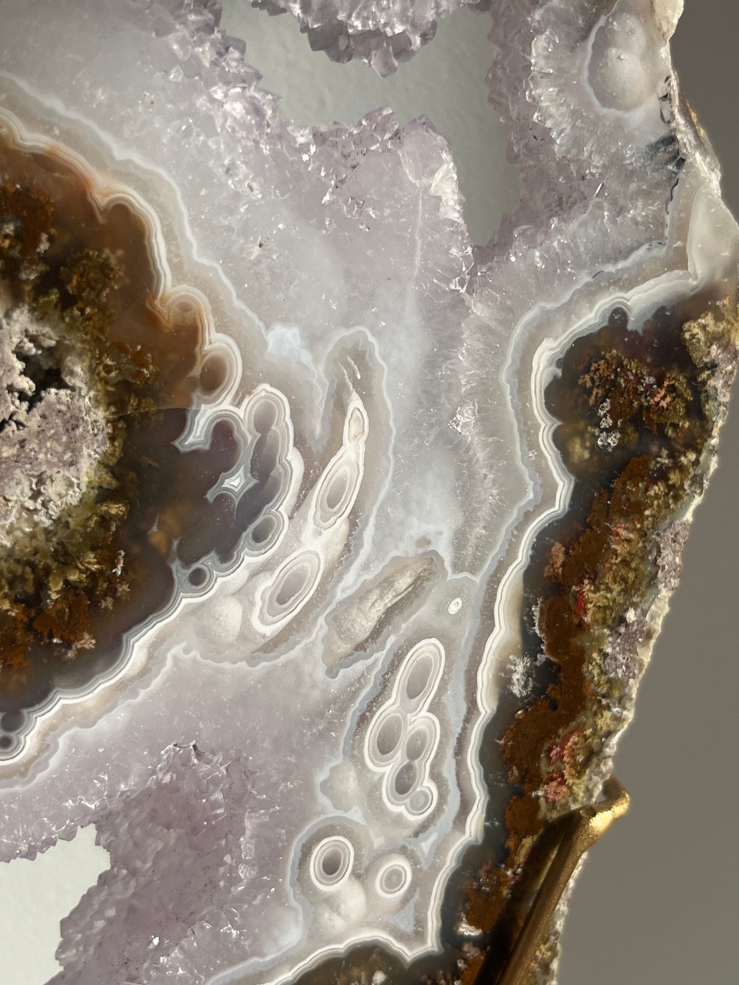 ‘Lunara’ Orbicular Nebula Agate, Scenic Moss and Amethyst Portal with Dendritic Inclusions on Rotating Custom Gold Stand