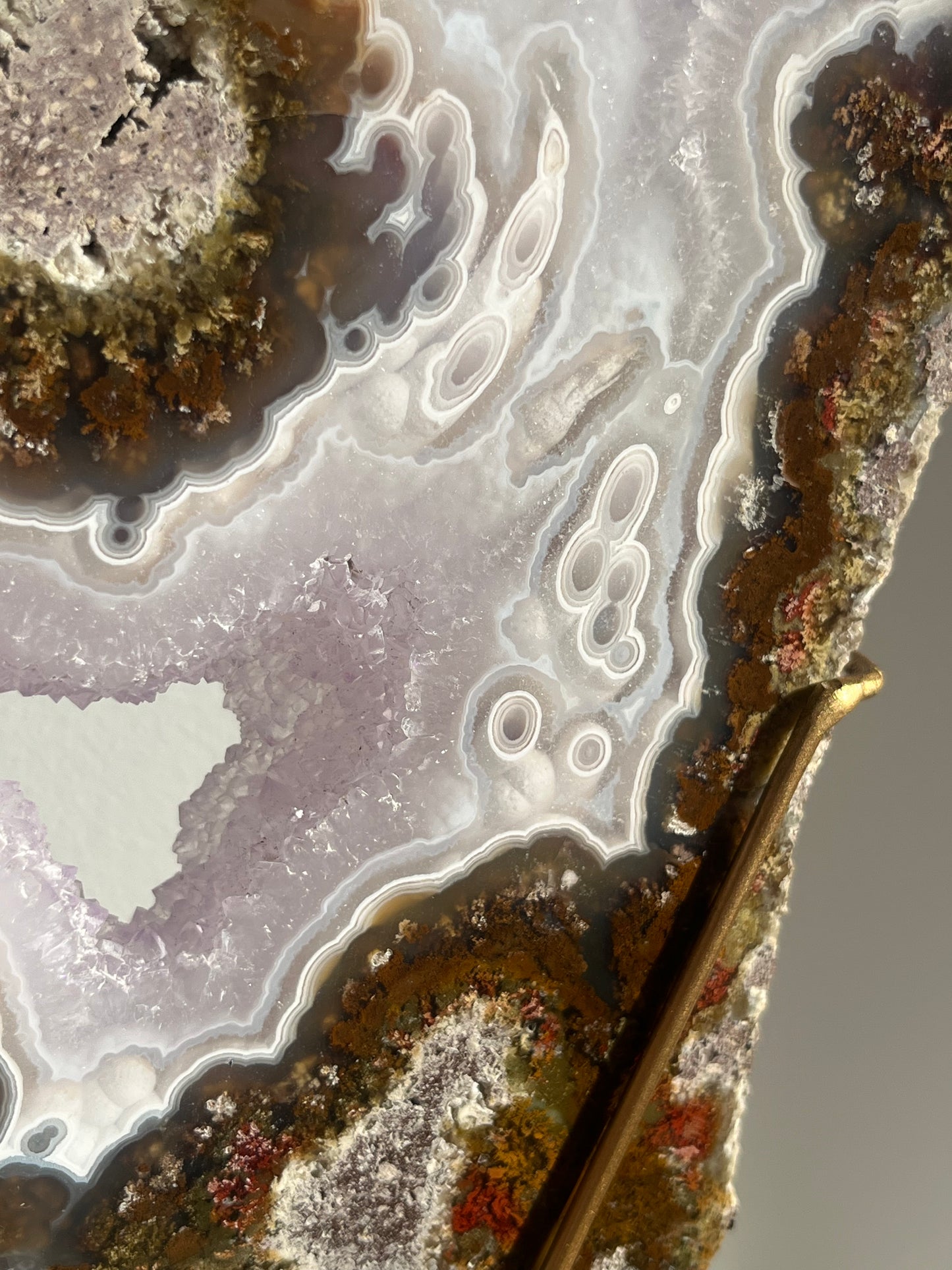 ‘Lunara’ Orbicular Nebula Agate, Scenic Moss and Amethyst Portal with Dendritic Inclusions on Rotating Custom Gold Stand