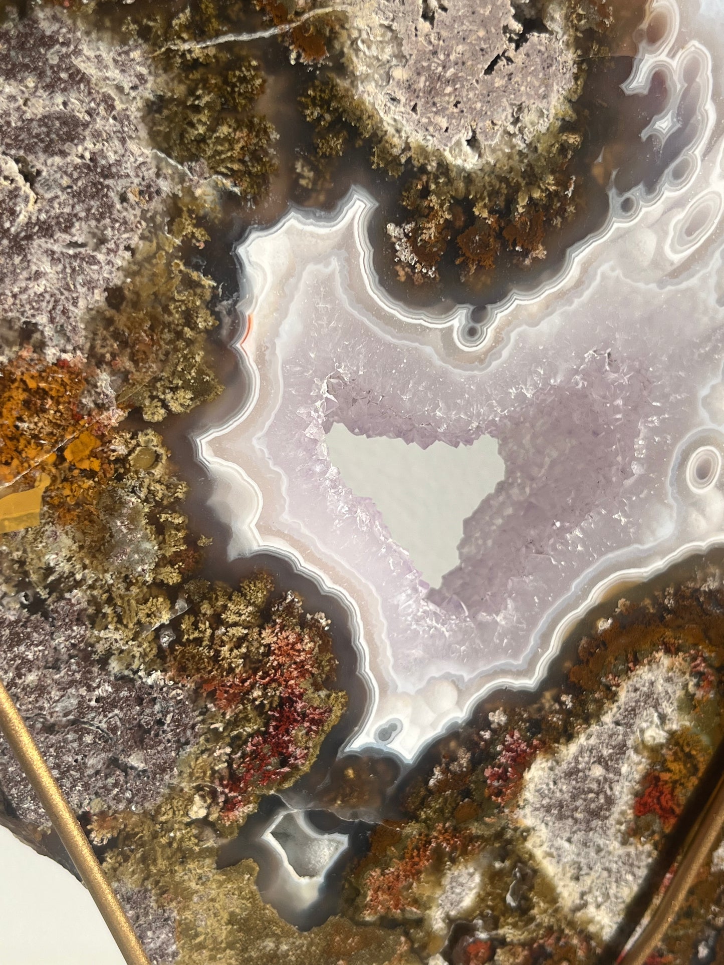 ‘Lunara’ Orbicular Nebula Agate, Scenic Moss and Amethyst Portal with Dendritic Inclusions on Rotating Custom Gold Stand