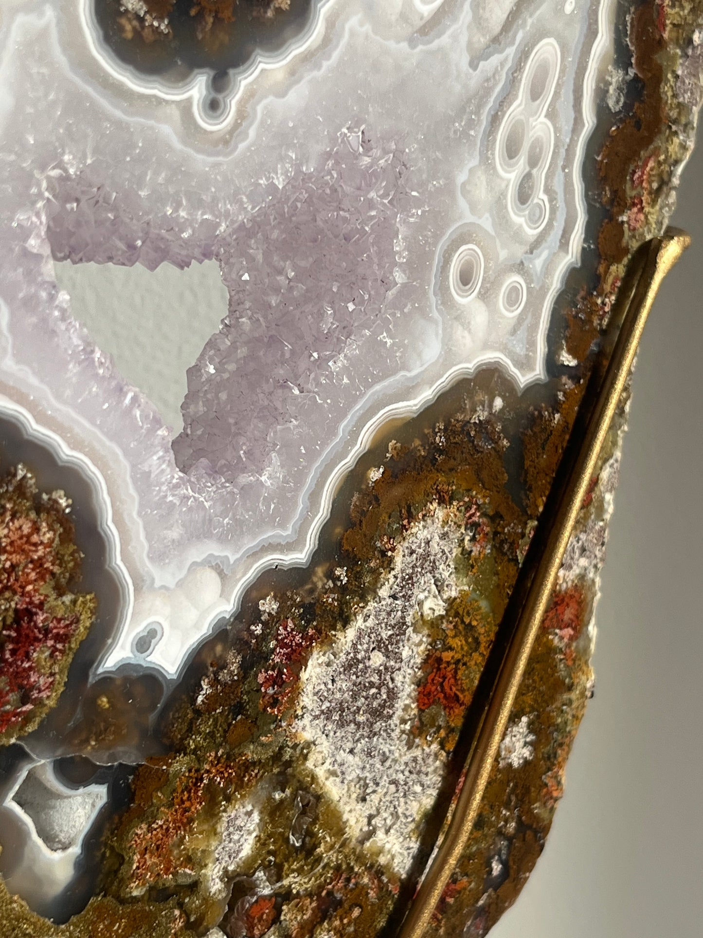 ‘Lunara’ Orbicular Nebula Agate, Scenic Moss and Amethyst Portal with Dendritic Inclusions on Rotating Custom Gold Stand