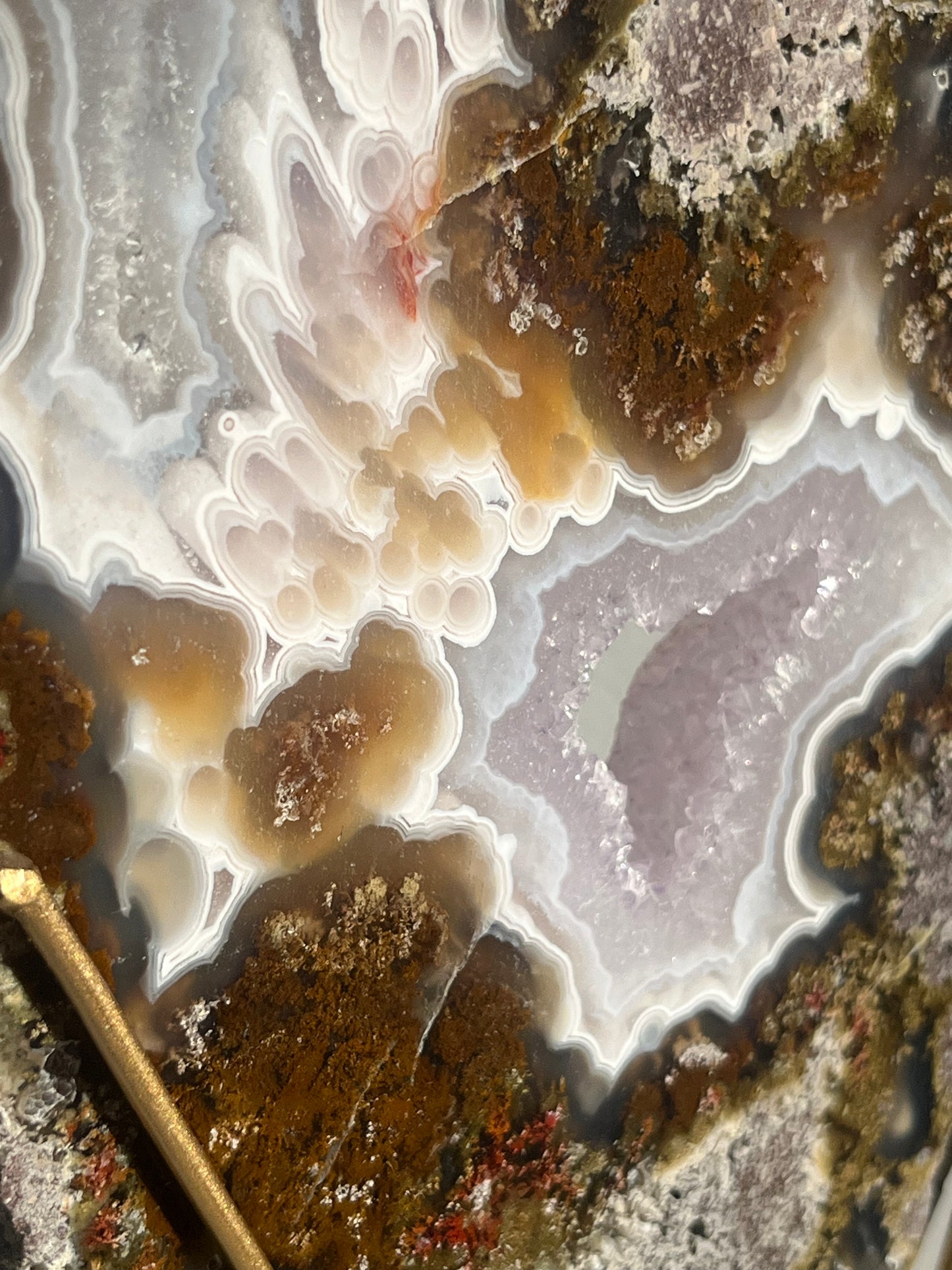 ‘Lunara’ Orbicular Nebula Agate, Scenic Moss and Amethyst Portal with Dendritic Inclusions on Rotating Custom Gold Stand