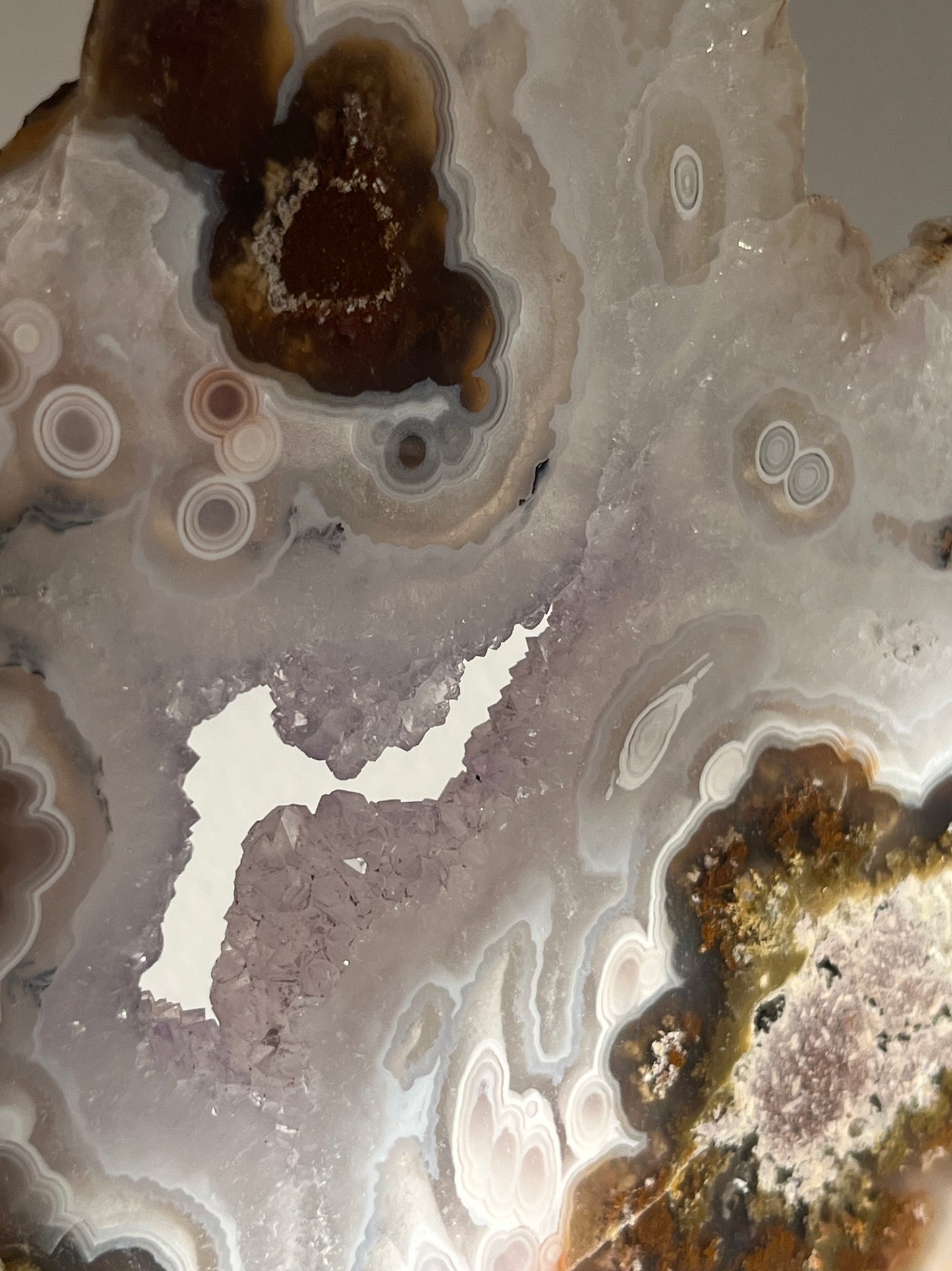 ‘Lunara’ Orbicular Nebula Agate, Scenic Moss and Amethyst Portal with Dendritic Inclusions on Rotating Custom Gold Stand