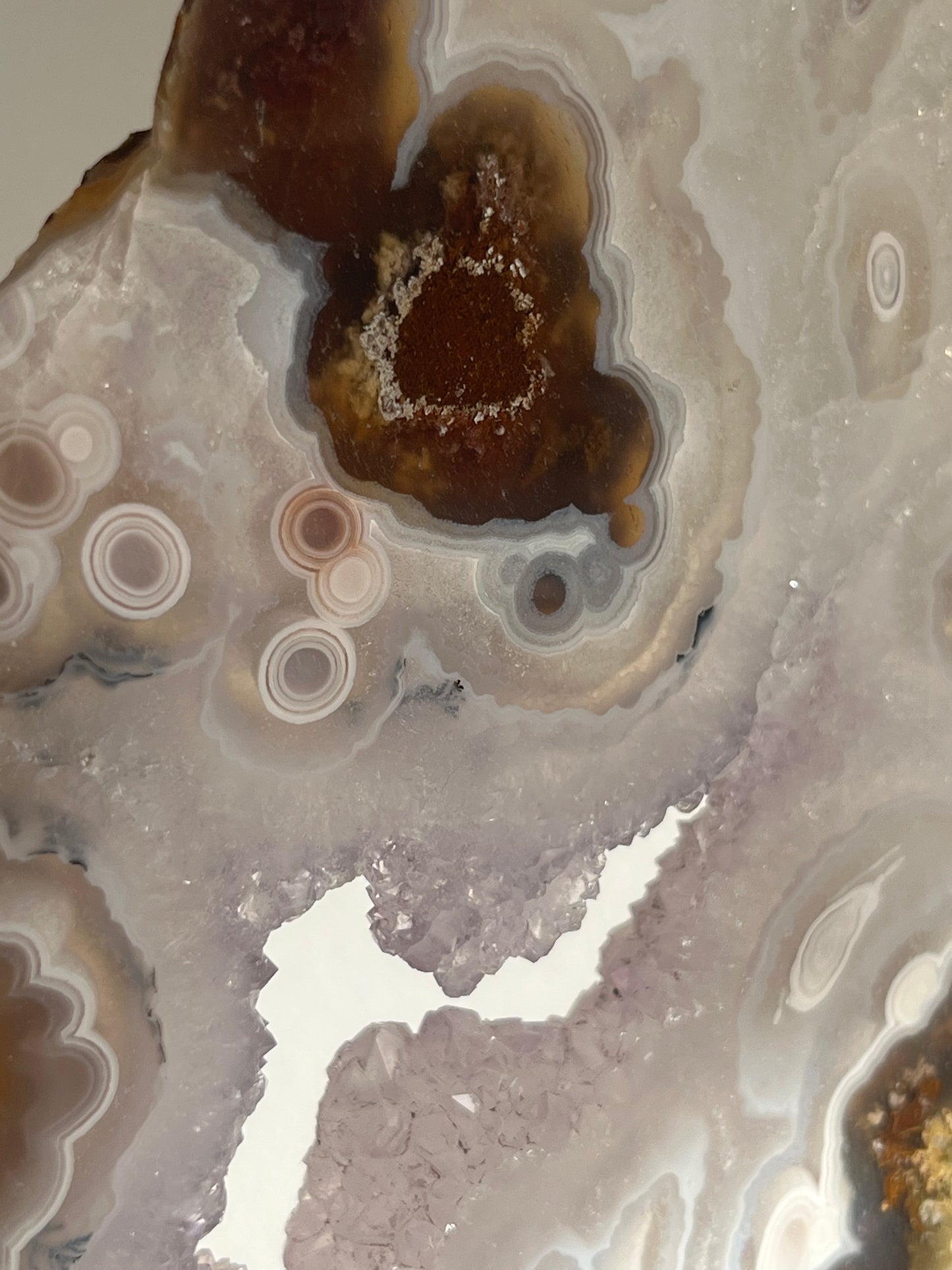 ‘Lunara’ Orbicular Nebula Agate, Scenic Moss and Amethyst Portal with Dendritic Inclusions on Rotating Custom Gold Stand