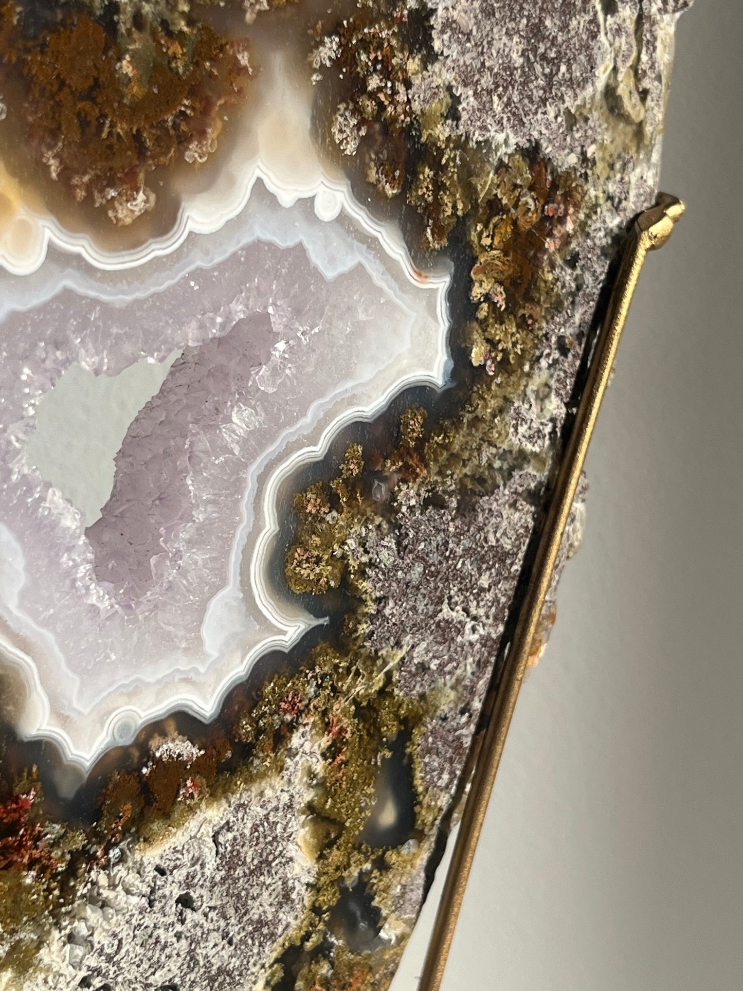 ‘Lunara’ Orbicular Nebula Agate, Scenic Moss and Amethyst Portal with Dendritic Inclusions on Rotating Custom Gold Stand