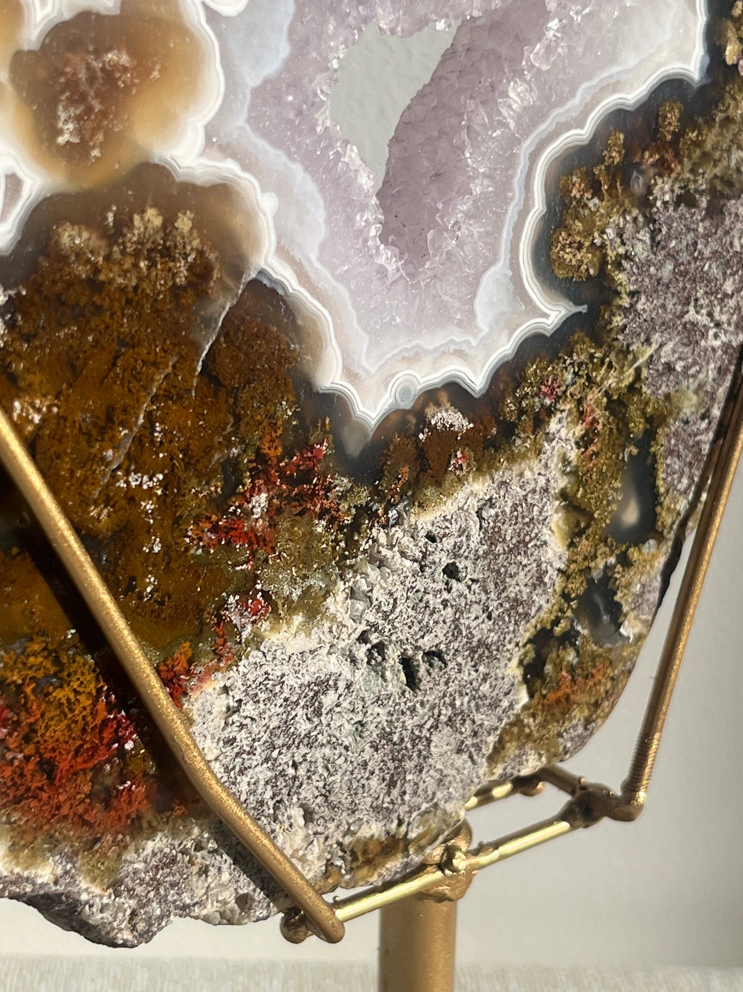 ‘Lunara’ Orbicular Nebula Agate, Scenic Moss and Amethyst Portal with Dendritic Inclusions on Rotating Custom Gold Stand