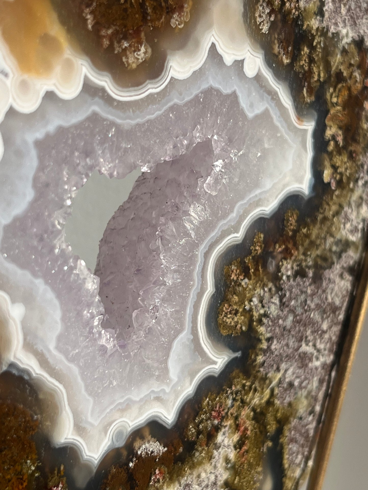 ‘Lunara’ Orbicular Nebula Agate, Scenic Moss and Amethyst Portal with Dendritic Inclusions on Rotating Custom Gold Stand