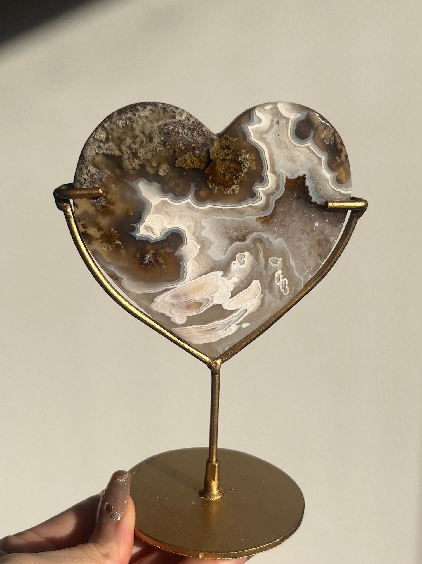 Orbicular Nebula Agate and Scenic Moss Heart Carving on Stand with Dendritic Inclusions (Perfectly Imperfect)