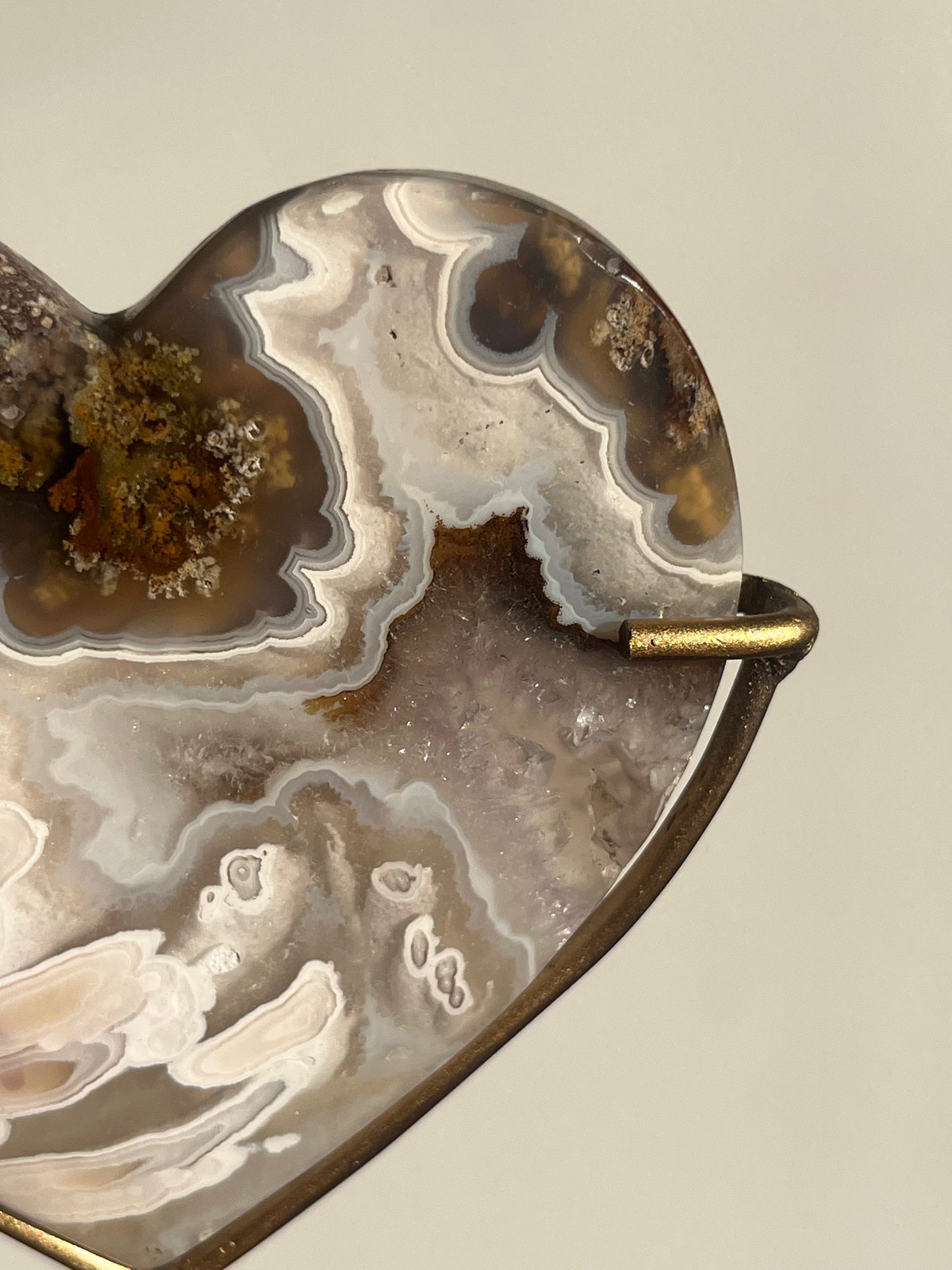 Orbicular Nebula Agate and Scenic Moss Heart Carving on Stand with Dendritic Inclusions (Perfectly Imperfect)