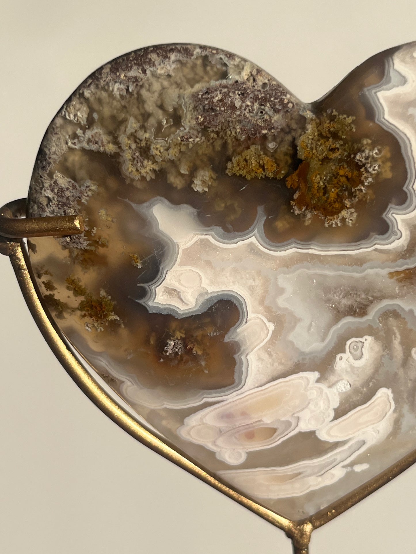 Orbicular Nebula Agate and Scenic Moss Heart Carving on Stand with Dendritic Inclusions (Perfectly Imperfect)