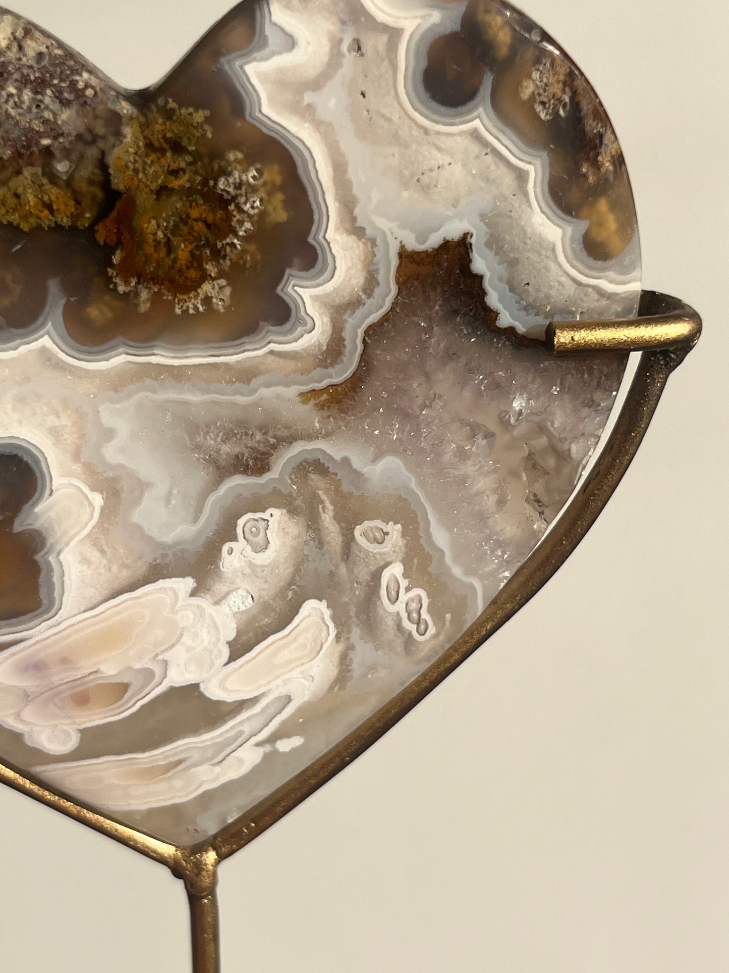 Orbicular Nebula Agate and Scenic Moss Heart Carving on Stand with Dendritic Inclusions (Perfectly Imperfect)