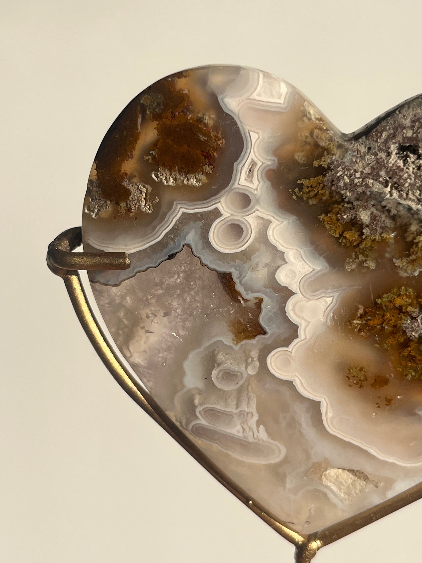 Orbicular Nebula Agate and Scenic Moss Heart Carving on Stand with Dendritic Inclusions (Perfectly Imperfect)