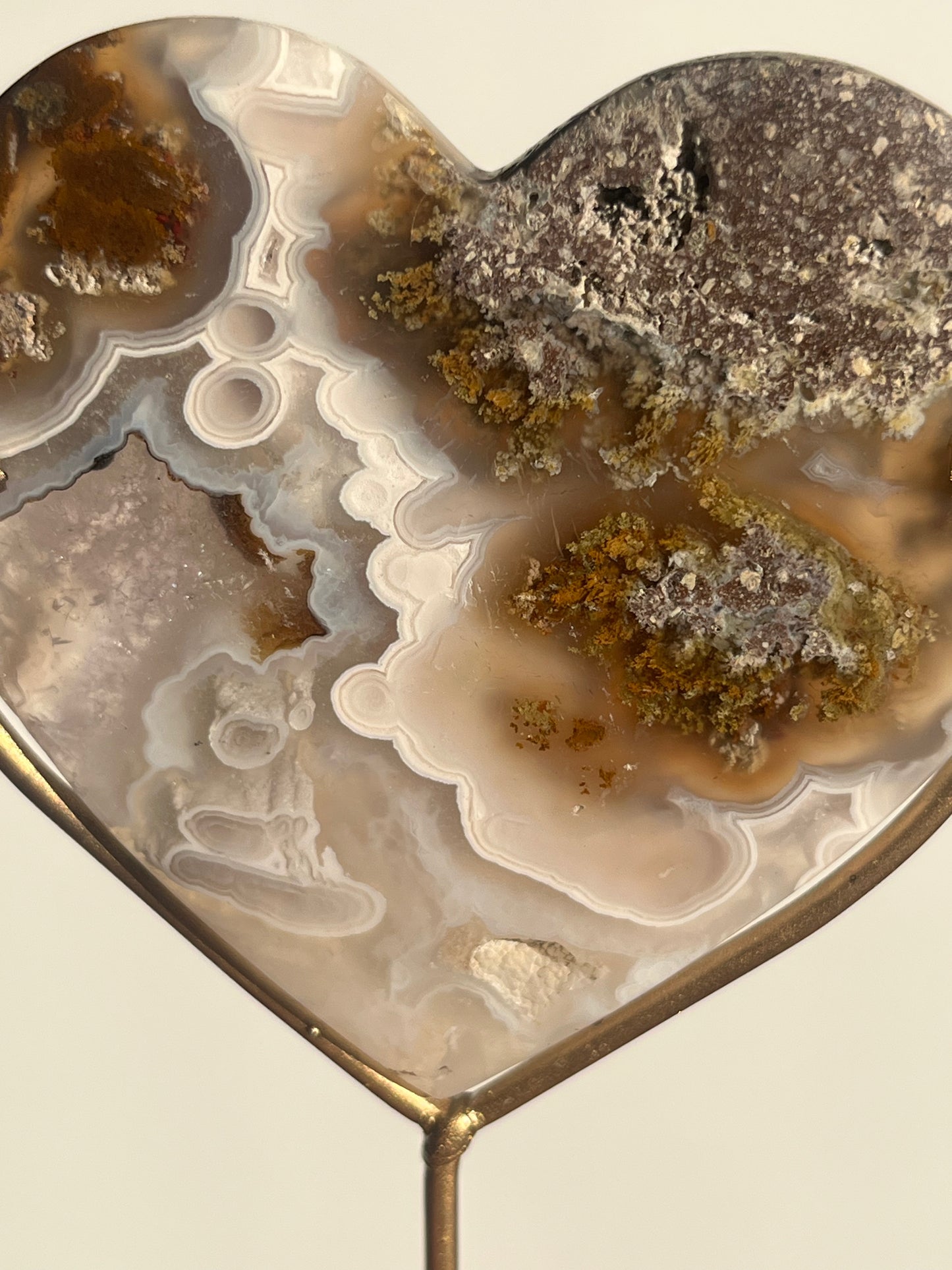 Orbicular Nebula Agate and Scenic Moss Heart Carving on Stand with Dendritic Inclusions (Perfectly Imperfect)