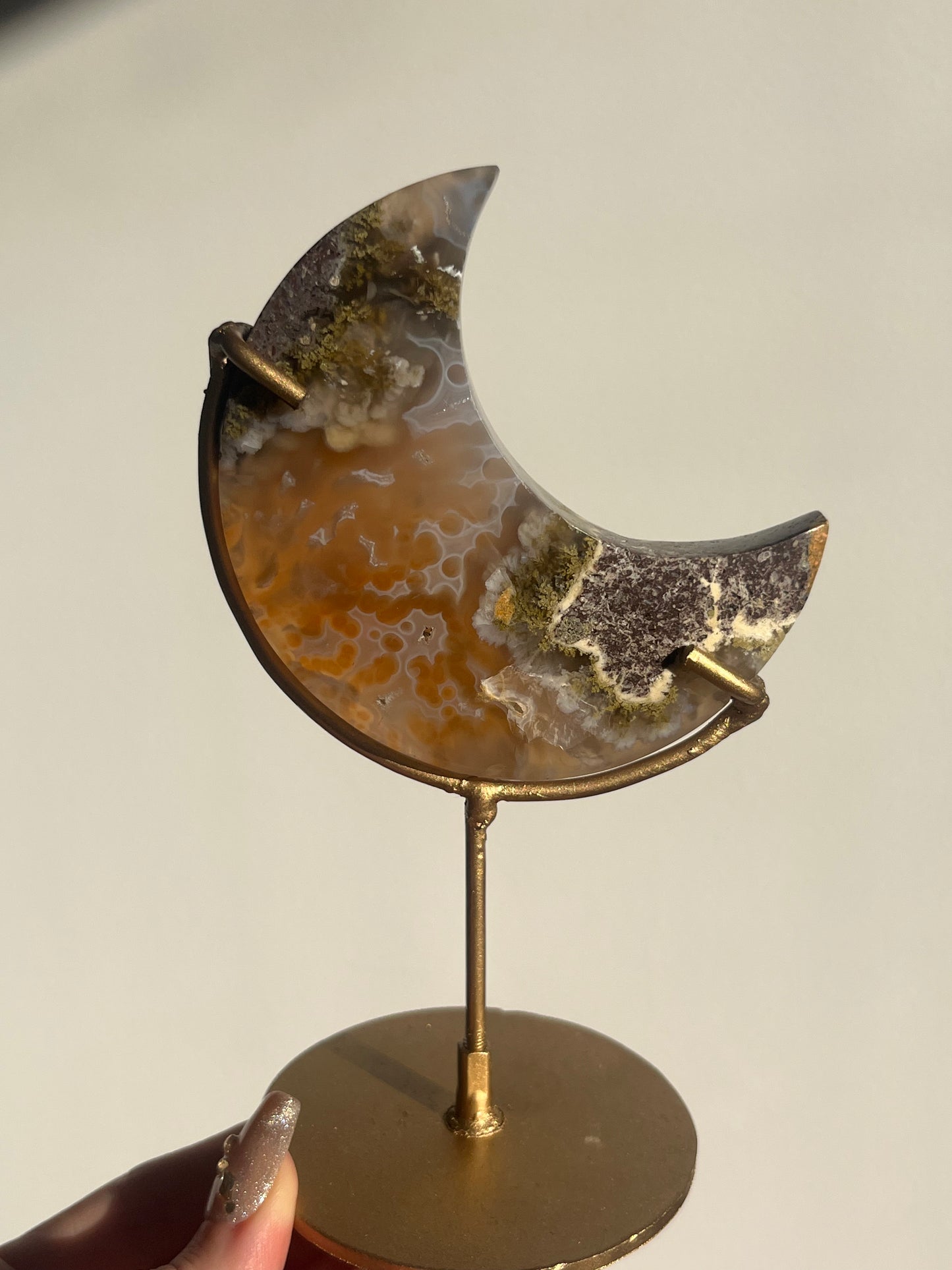 Nebula Agate, Scenic Moss & Natural Carnelian Moon Carving on Stand A