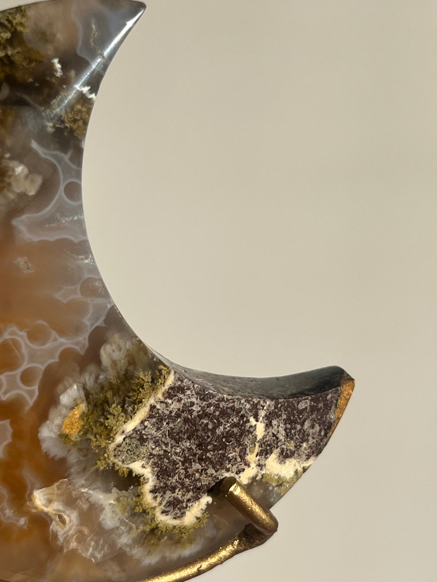 Nebula Agate, Scenic Moss & Natural Carnelian Moon Carving on Stand A
