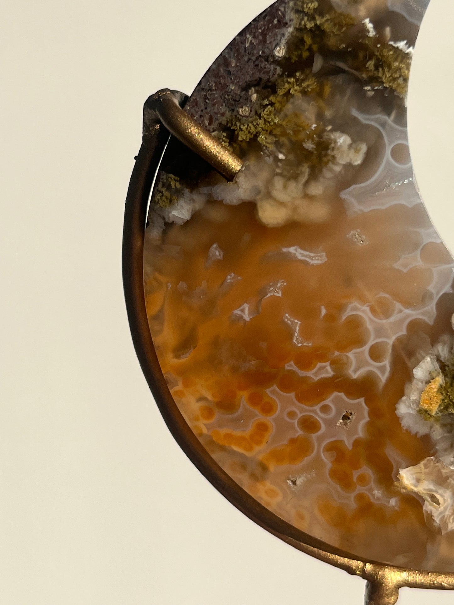 Nebula Agate, Scenic Moss & Natural Carnelian Moon Carving on Stand A