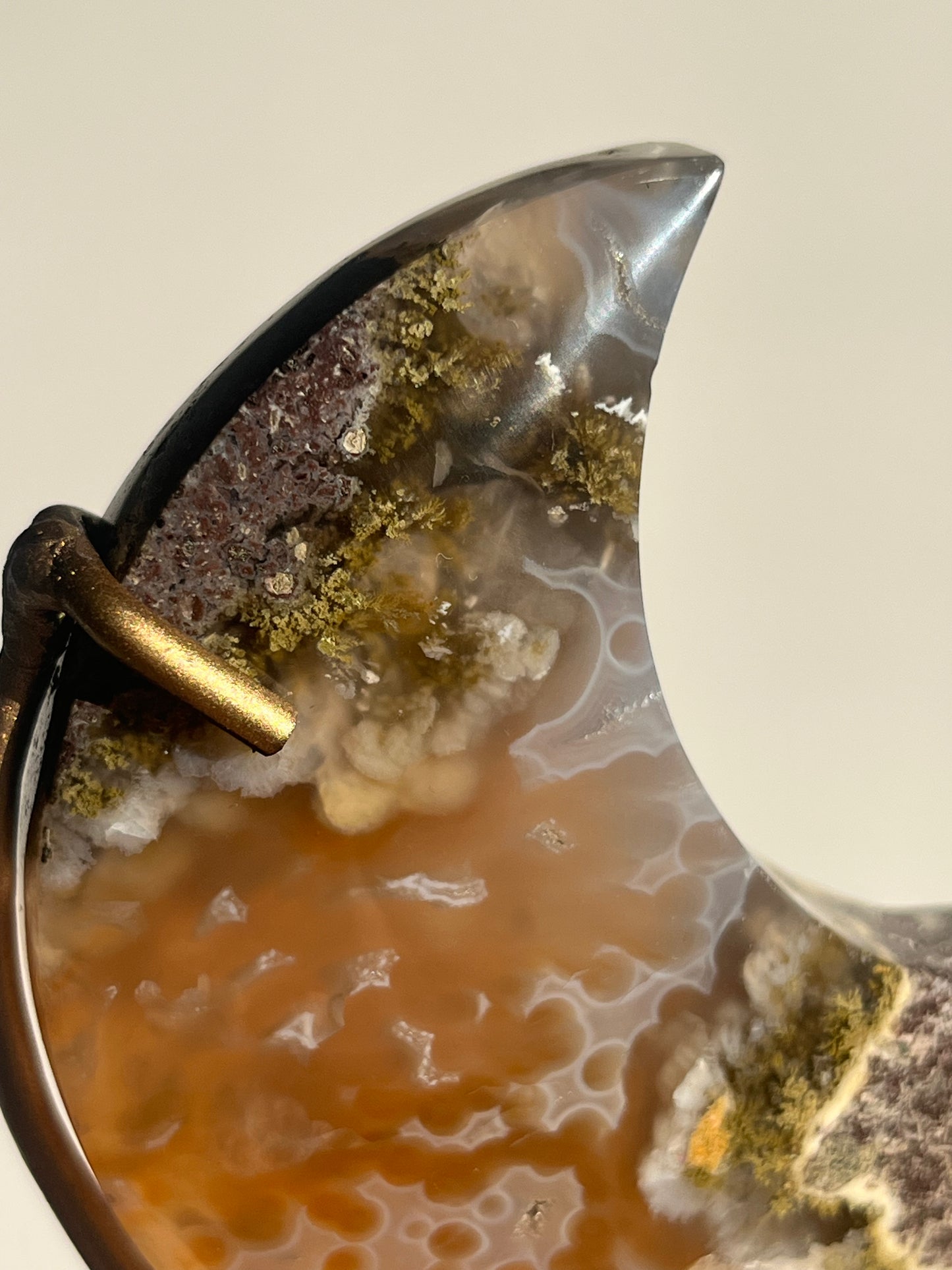 Nebula Agate, Scenic Moss & Natural Carnelian Moon Carving on Stand A