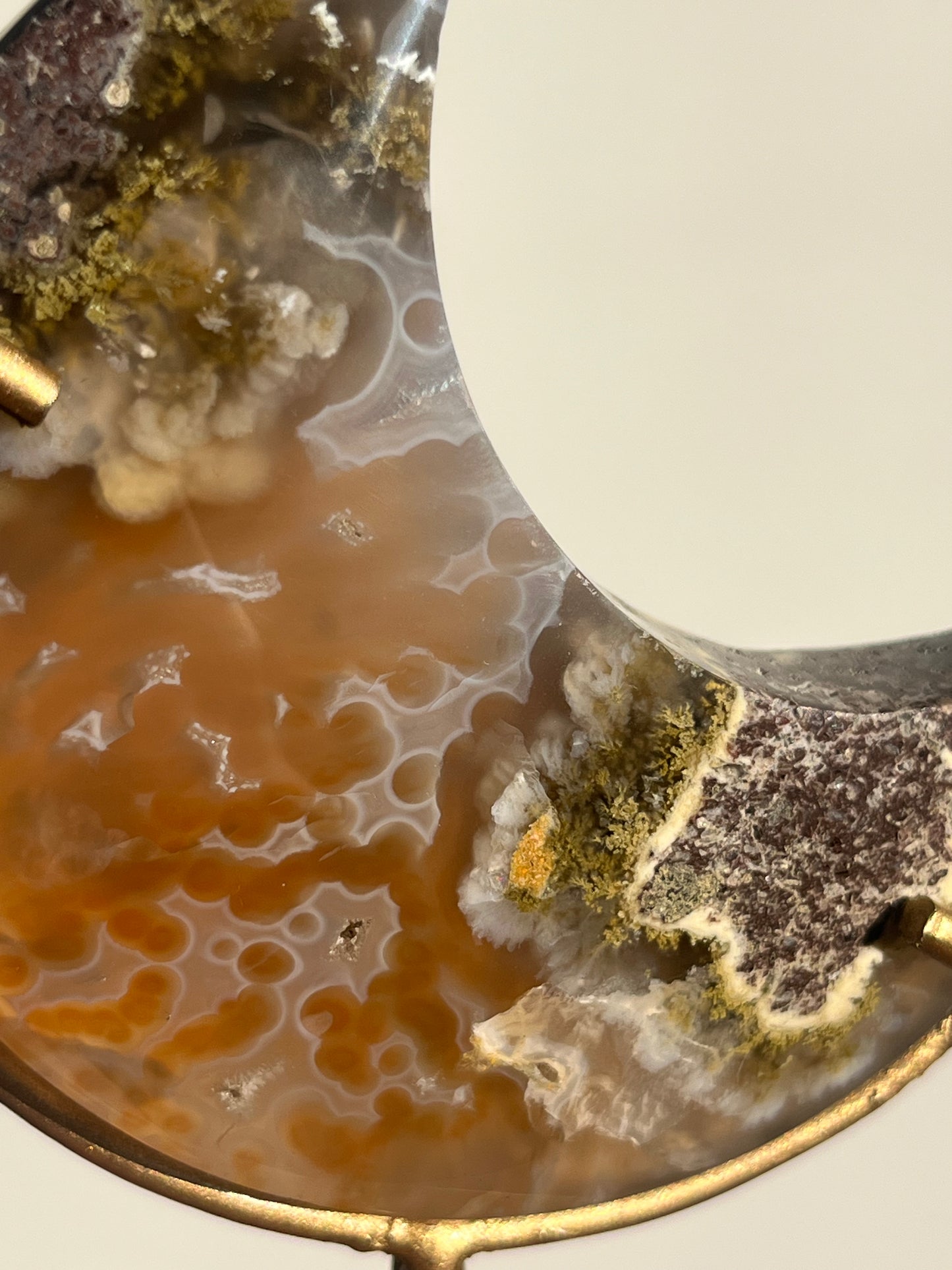 Nebula Agate, Scenic Moss & Natural Carnelian Moon Carving on Stand A