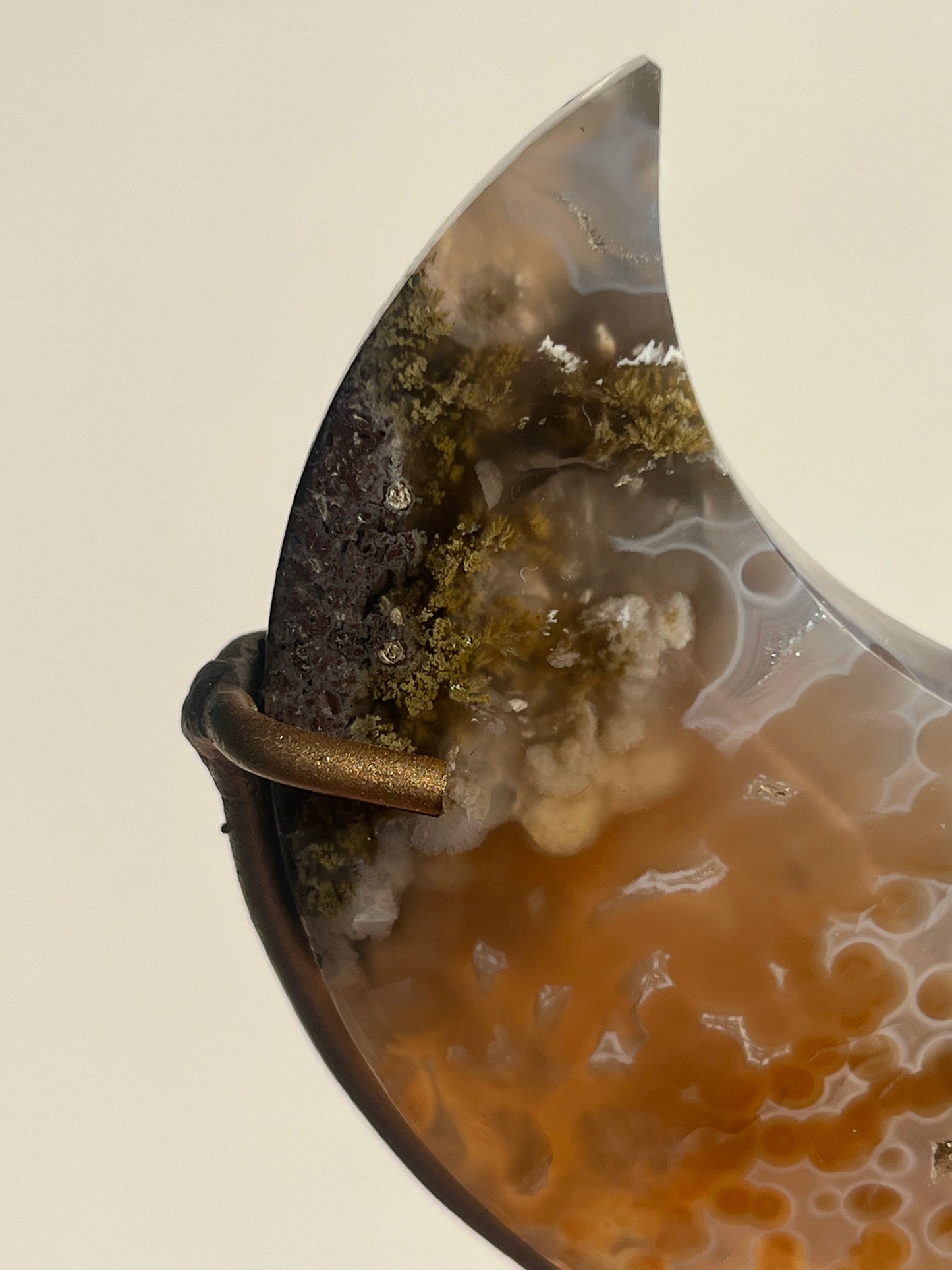 Nebula Agate, Scenic Moss & Natural Carnelian Moon Carving on Stand A