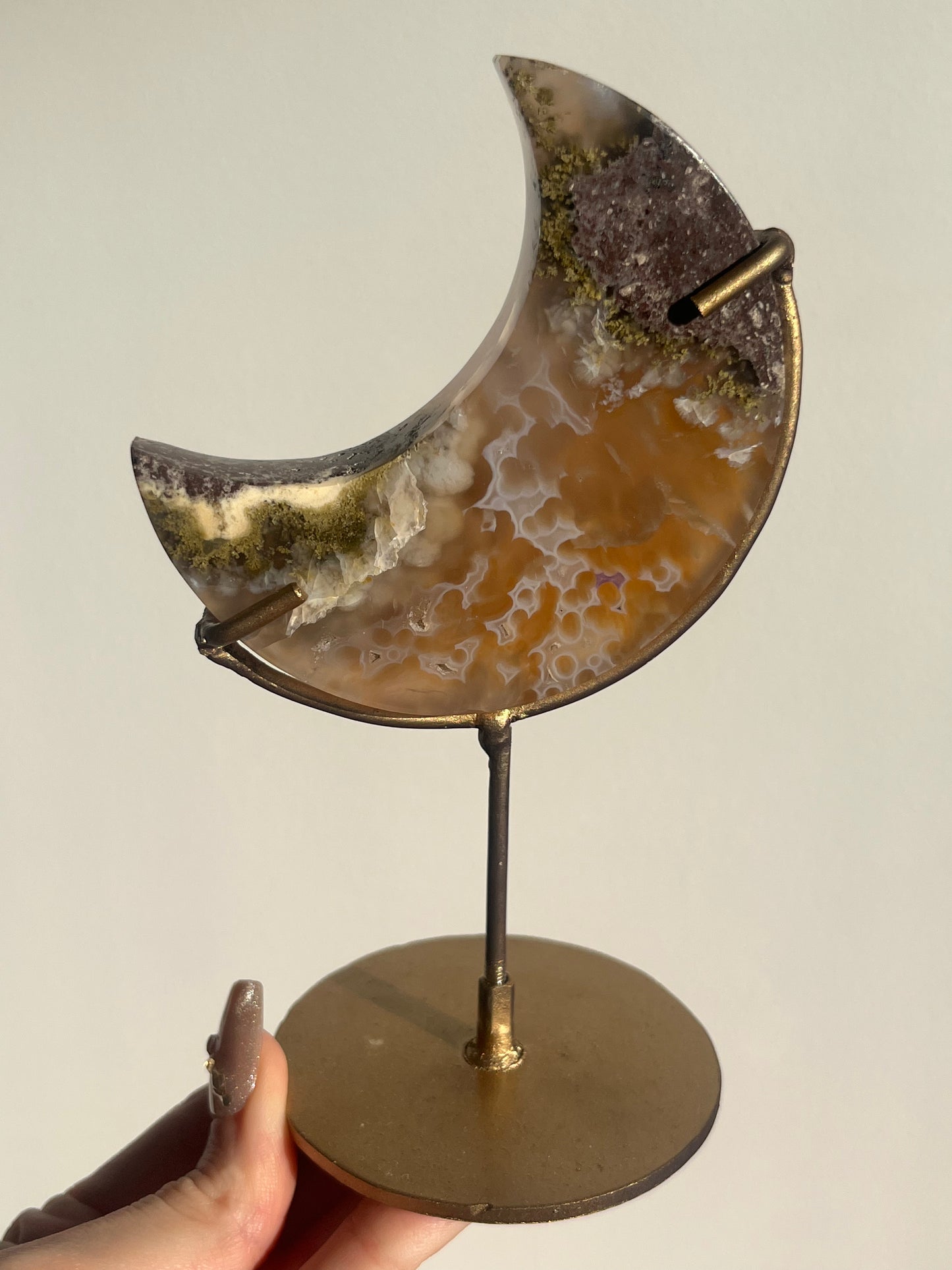 Nebula Agate, Scenic Moss & Natural Carnelian Moon Carving on Stand A