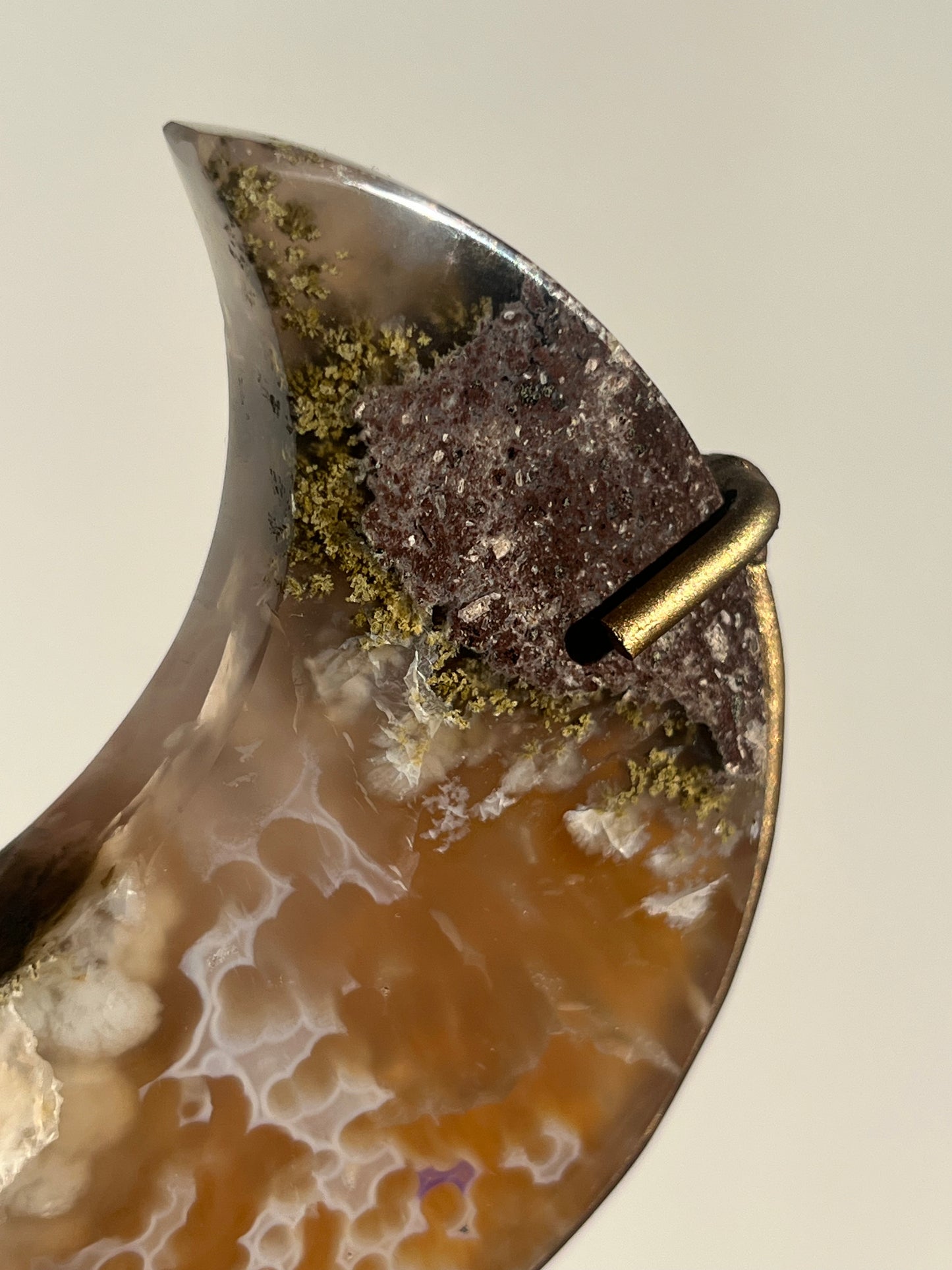 Nebula Agate, Scenic Moss & Natural Carnelian Moon Carving on Stand A