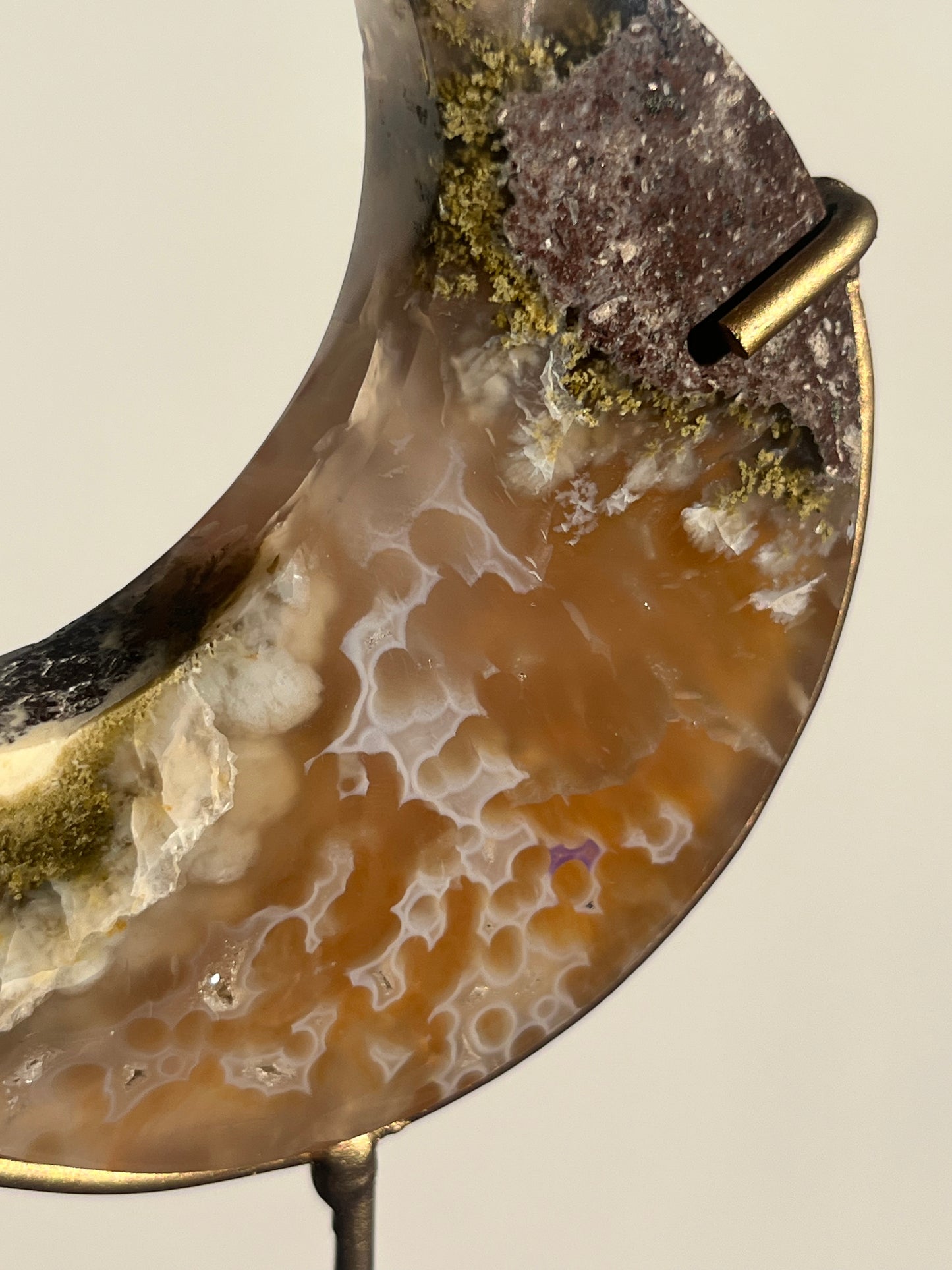 Nebula Agate, Scenic Moss & Natural Carnelian Moon Carving on Stand A