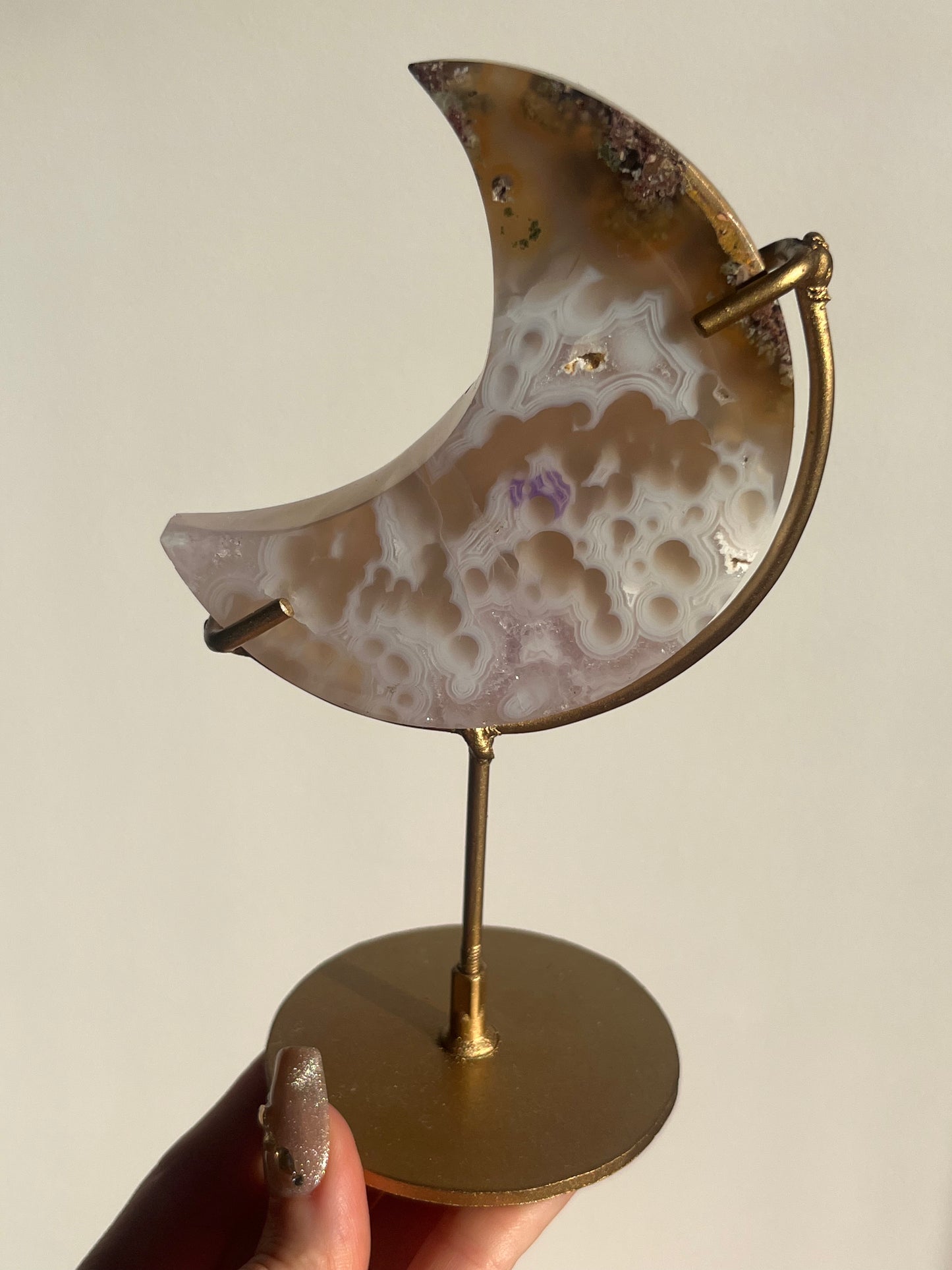 Jelly Orbicular Nebula Agate, Scenic Moss & Amethyst Moon Carving on Stand B