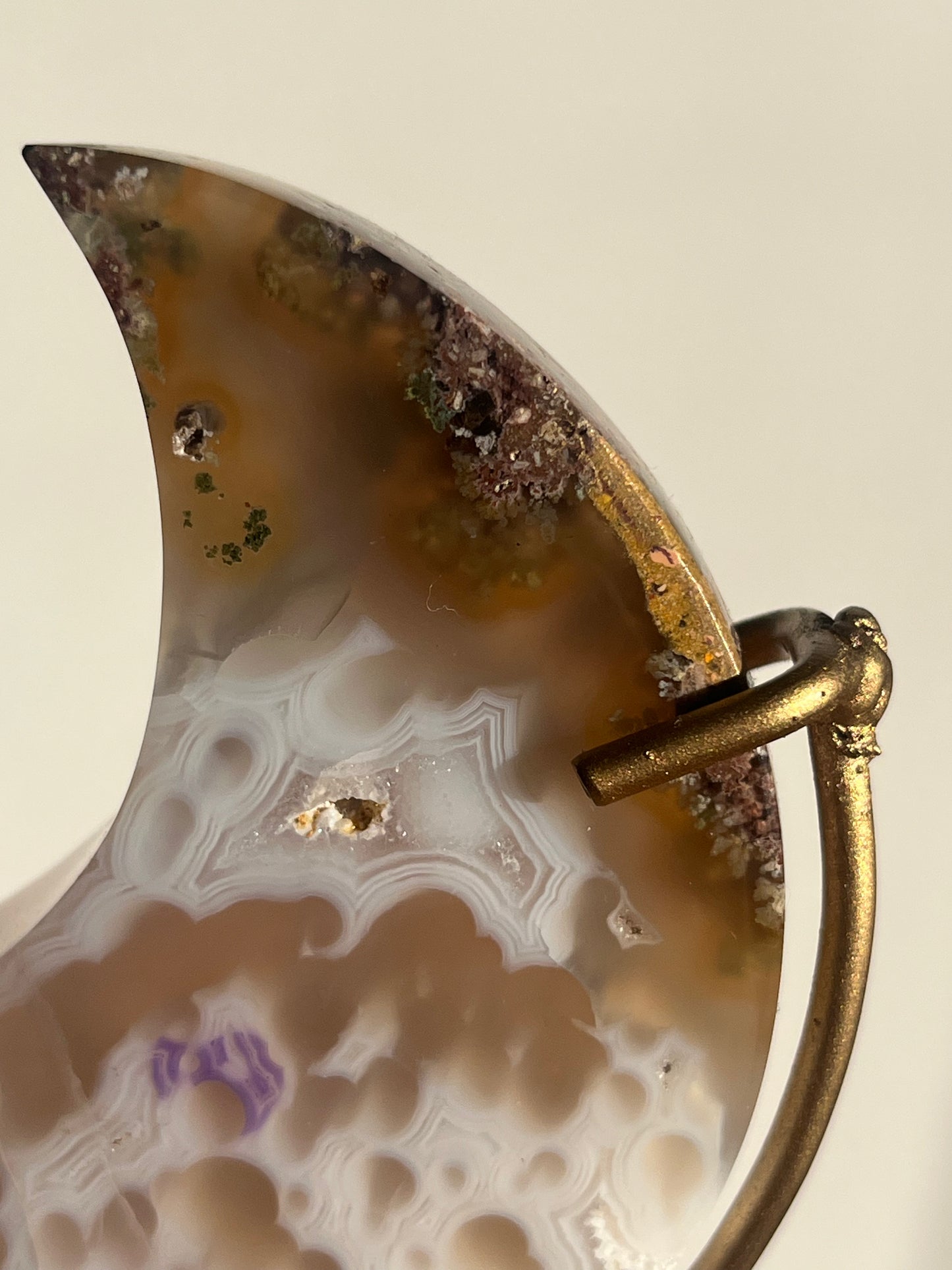 Jelly Orbicular Nebula Agate, Scenic Moss & Amethyst Moon Carving on Stand B