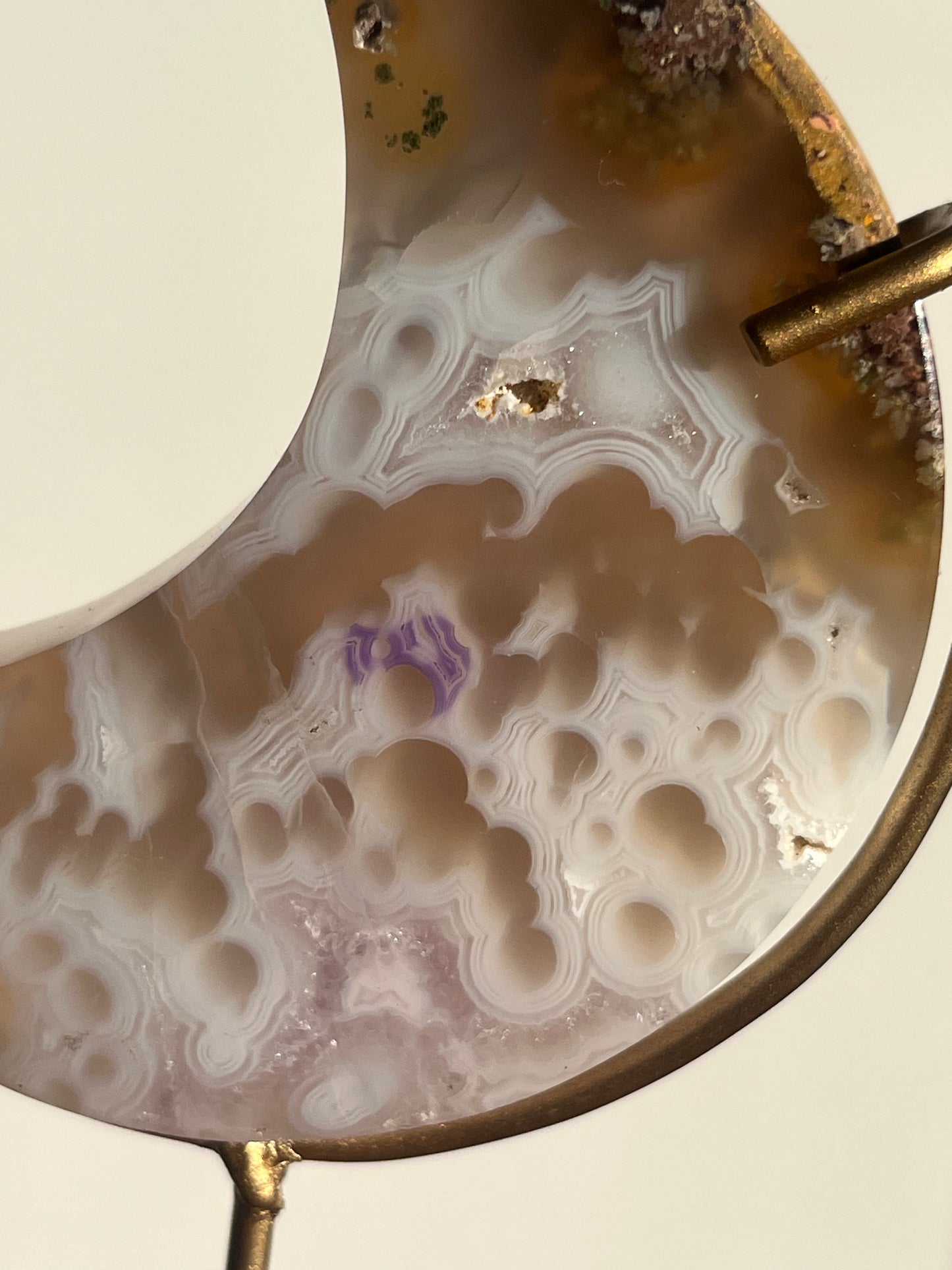 Jelly Orbicular Nebula Agate, Scenic Moss & Amethyst Moon Carving on Stand B