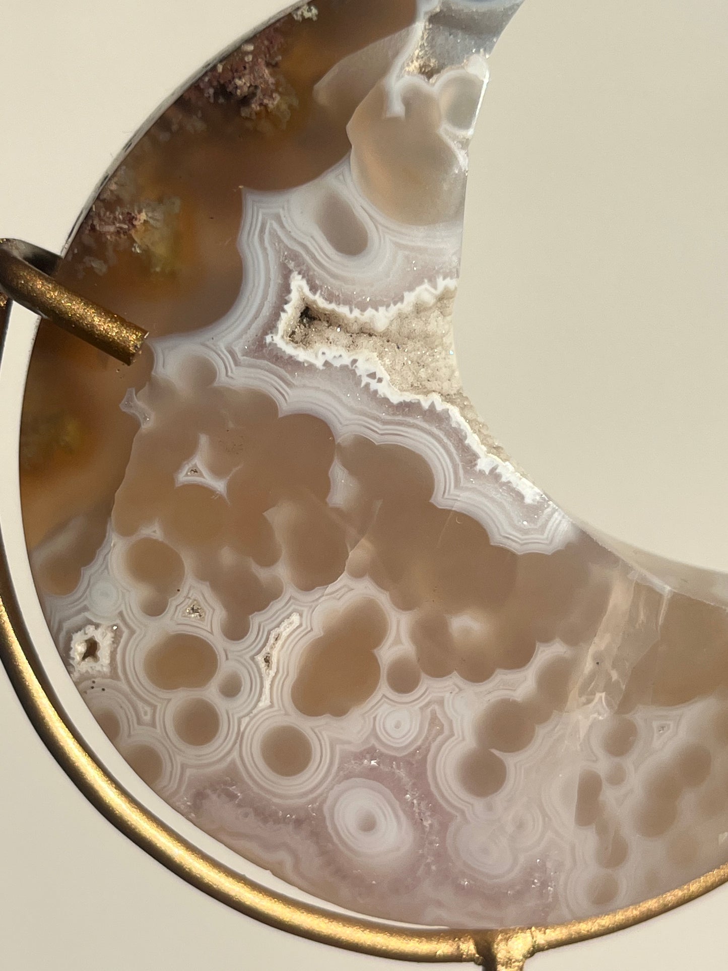 Jelly Orbicular Nebula Agate, Scenic Moss & Amethyst Moon Carving on Stand B