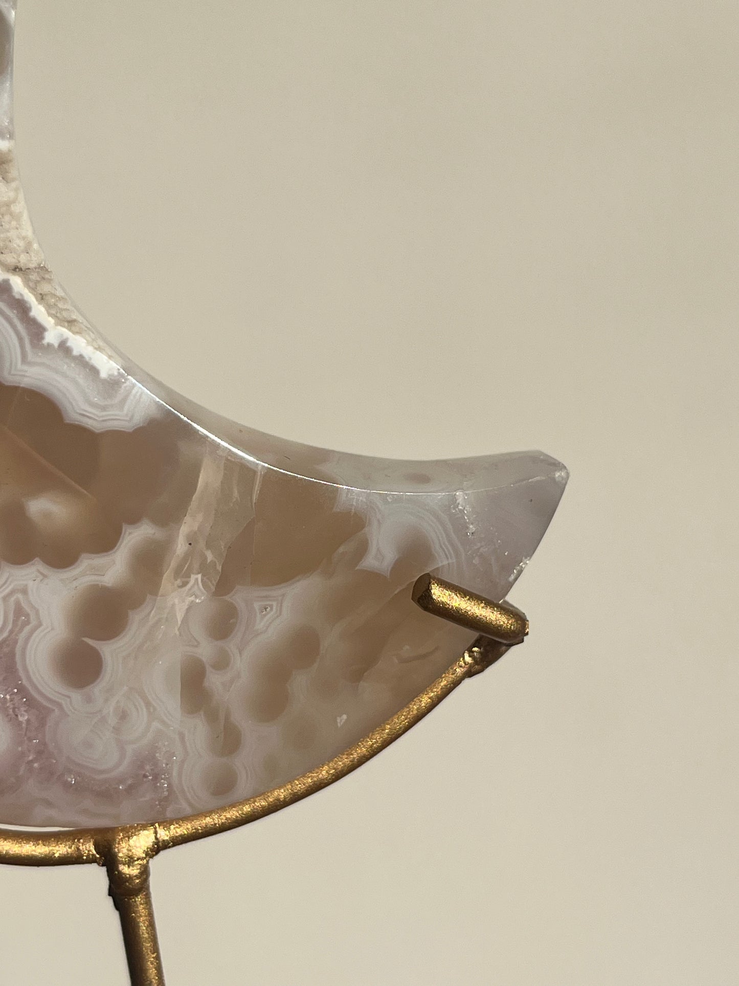 Jelly Orbicular Nebula Agate, Scenic Moss & Amethyst Moon Carving on Stand B