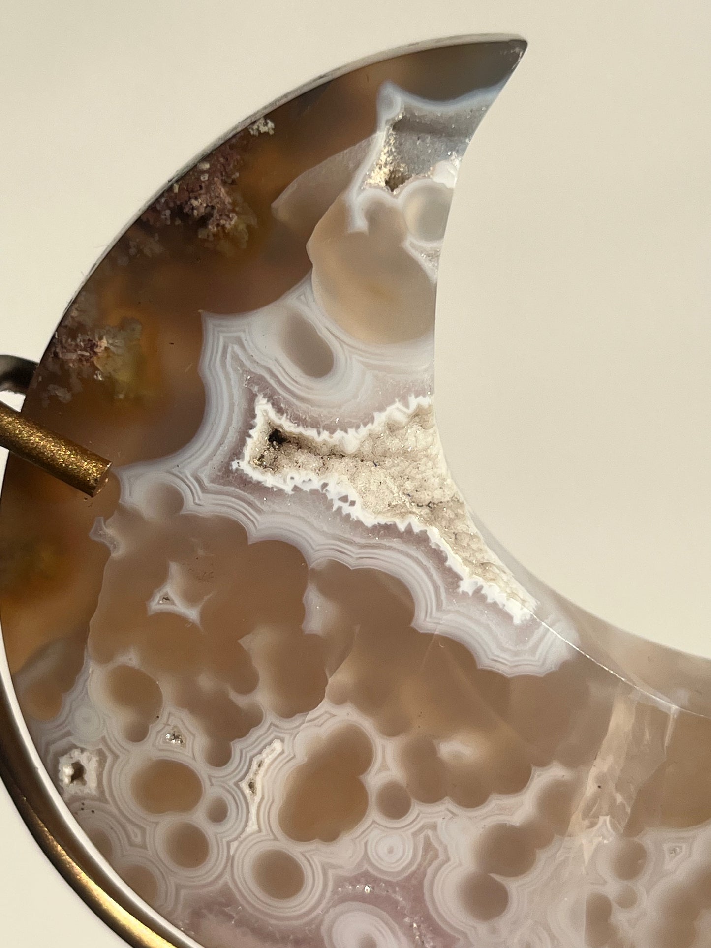 Jelly Orbicular Nebula Agate, Scenic Moss & Amethyst Moon Carving on Stand B