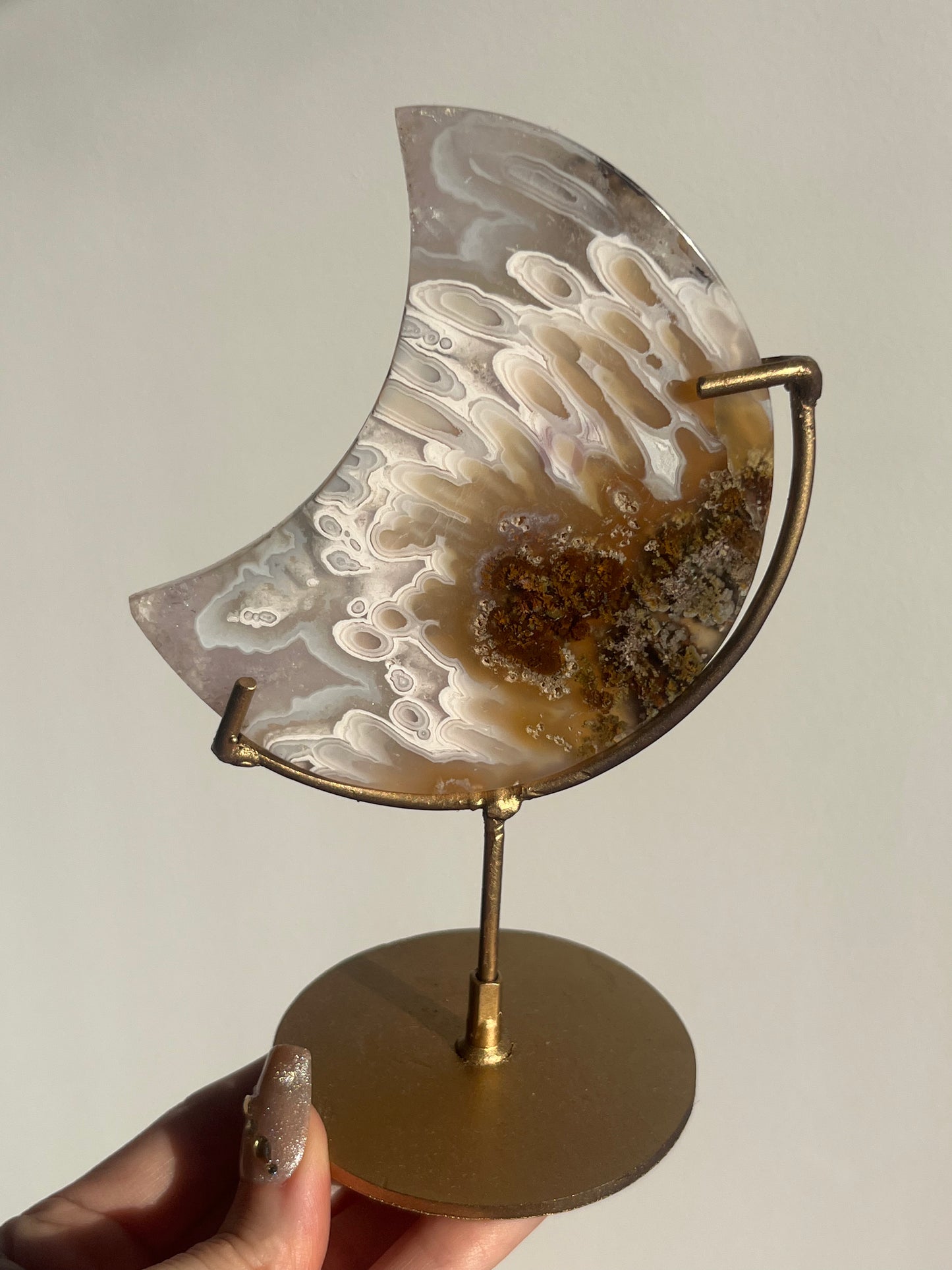 Orbicular Nebula Agate and Scenic Moss Moon Carving on Stand with Dendritic Inclusions (Perfectly Imperfect)