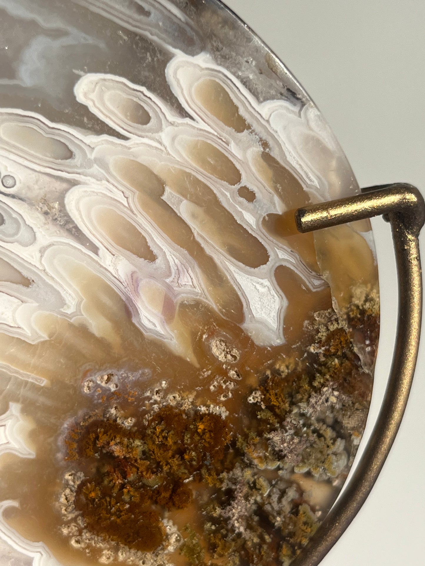 Orbicular Nebula Agate and Scenic Moss Moon Carving on Stand with Dendritic Inclusions (Perfectly Imperfect)