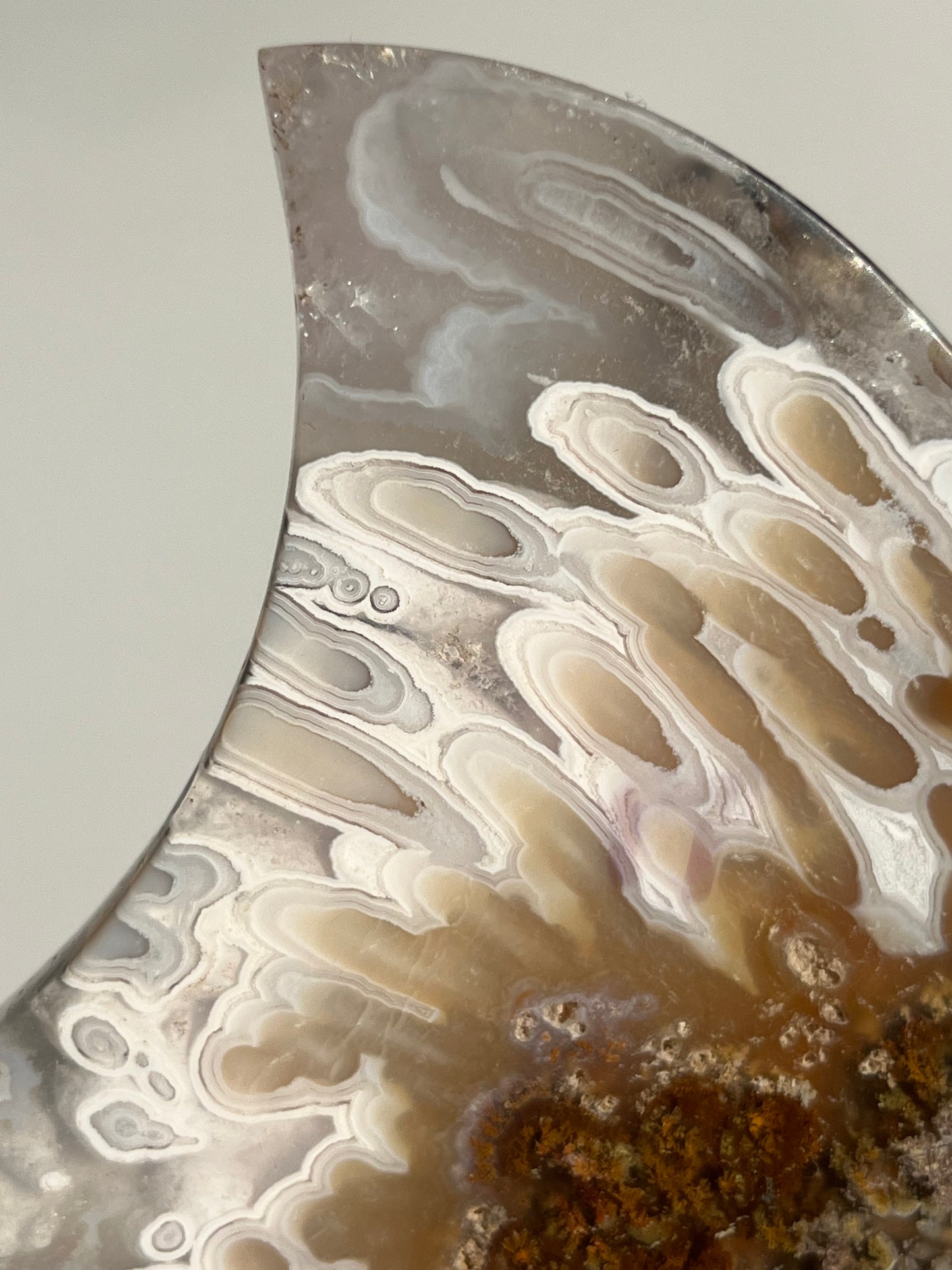 Orbicular Nebula Agate and Scenic Moss Moon Carving on Stand with Dendritic Inclusions (Perfectly Imperfect)
