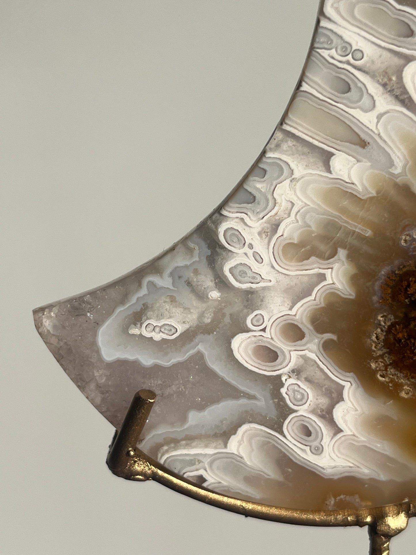 Orbicular Nebula Agate and Scenic Moss Moon Carving on Stand with Dendritic Inclusions (Perfectly Imperfect)