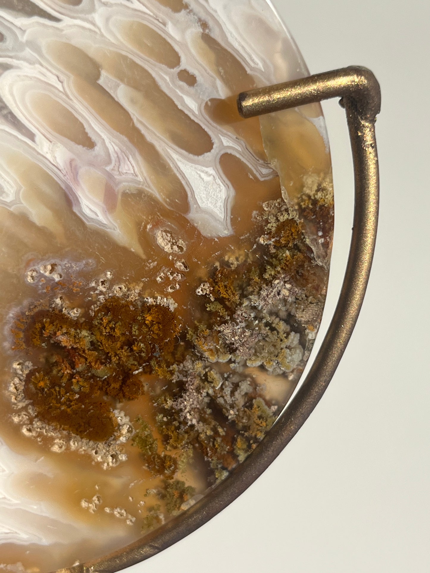Orbicular Nebula Agate and Scenic Moss Moon Carving on Stand with Dendritic Inclusions (Perfectly Imperfect)