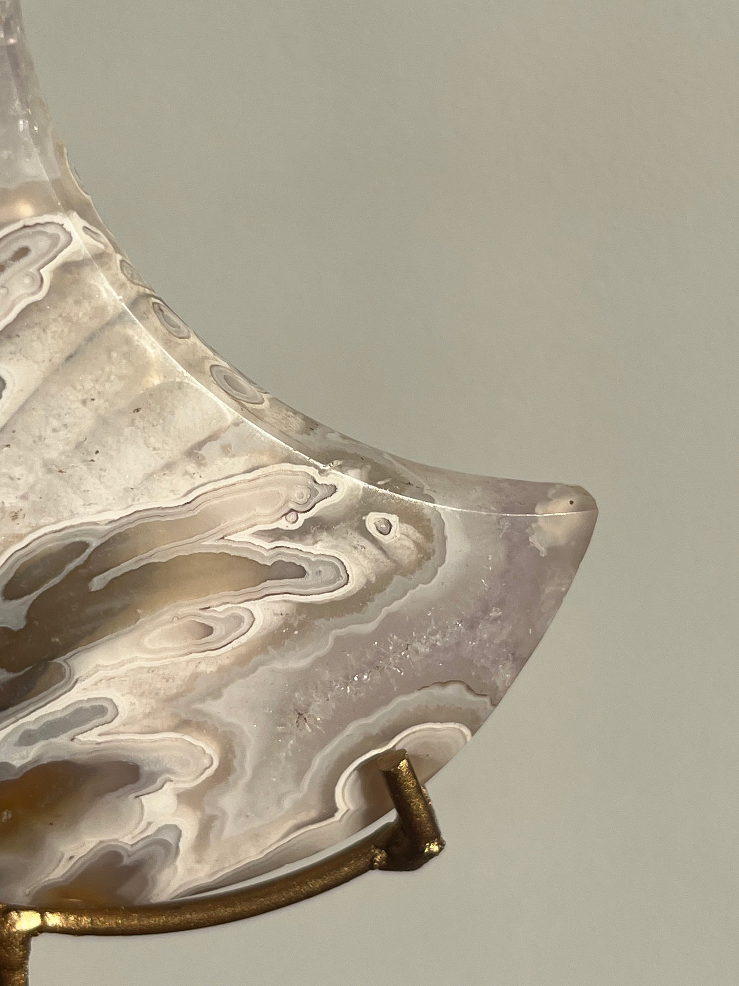 Orbicular Nebula Agate and Scenic Moss Moon Carving on Stand with Dendritic Inclusions (Perfectly Imperfect)