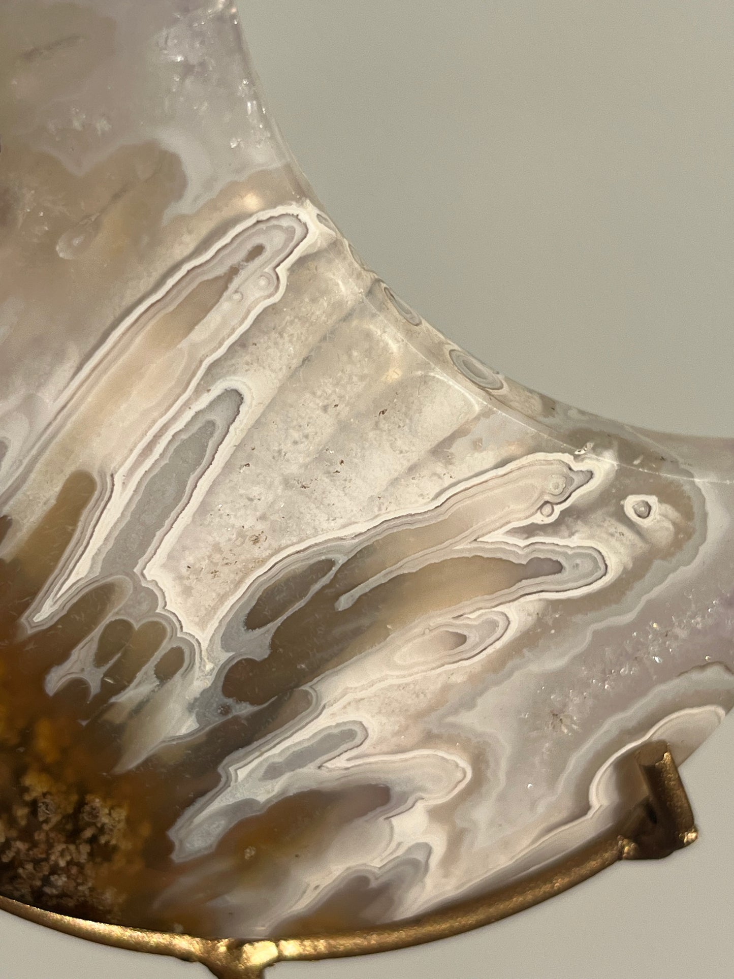 Orbicular Nebula Agate and Scenic Moss Moon Carving on Stand with Dendritic Inclusions (Perfectly Imperfect)