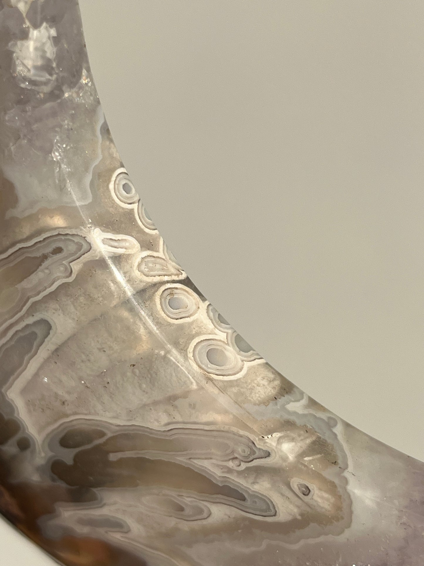 Orbicular Nebula Agate and Scenic Moss Moon Carving on Stand with Dendritic Inclusions (Perfectly Imperfect)