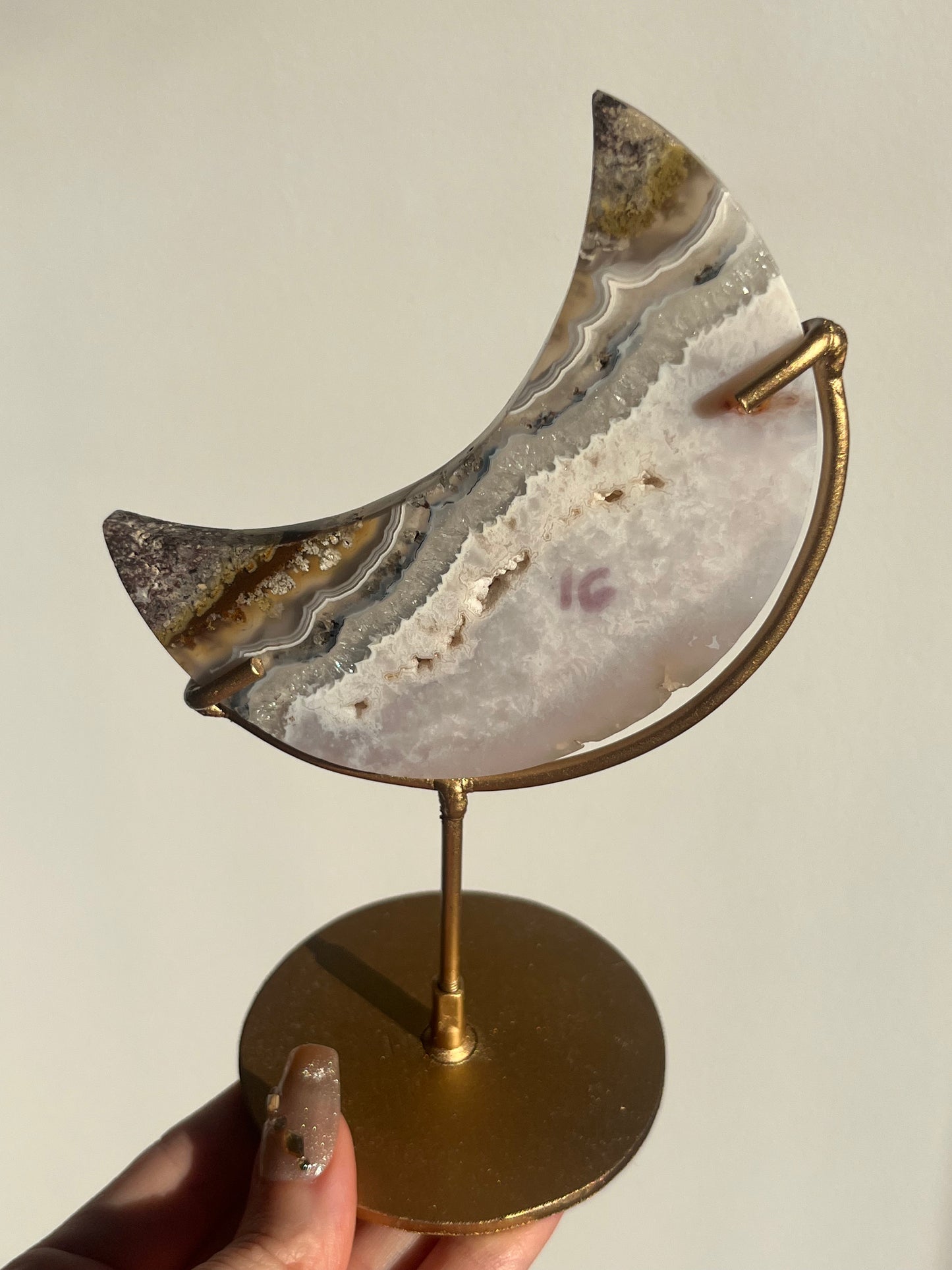 Nebula Agate and Scenic Moss Moon Carving on Stand (Perfectly Imperfect) B